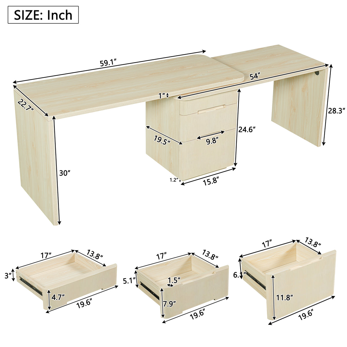 Narvik natural executive desk showing dimensions