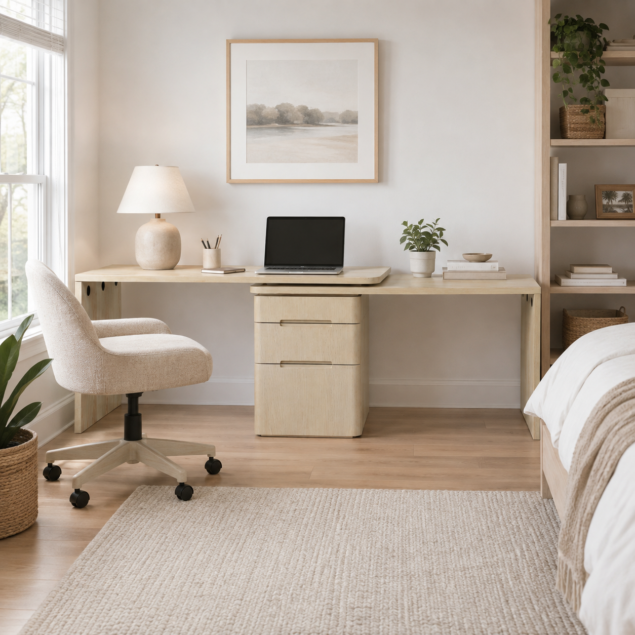 Narvik natural executive desk showing a straight workspace with three drawers in a bright bedroom