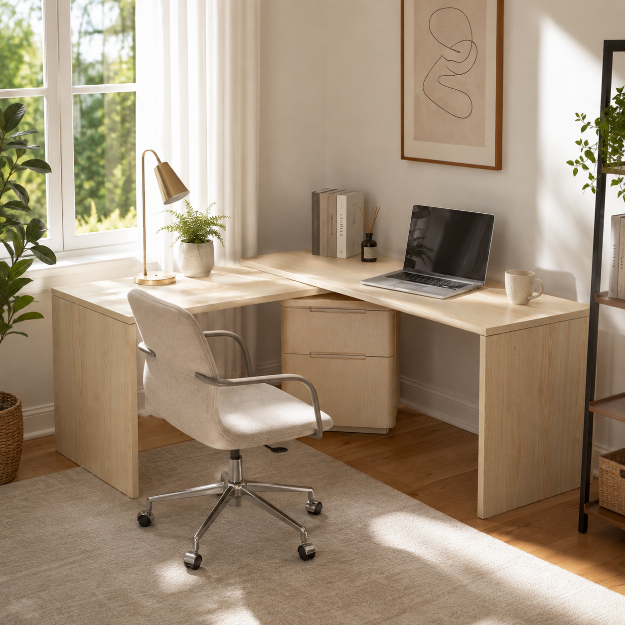 Narvik natural executive desk showing an L-shaped workspace with a laptop beside a bright window