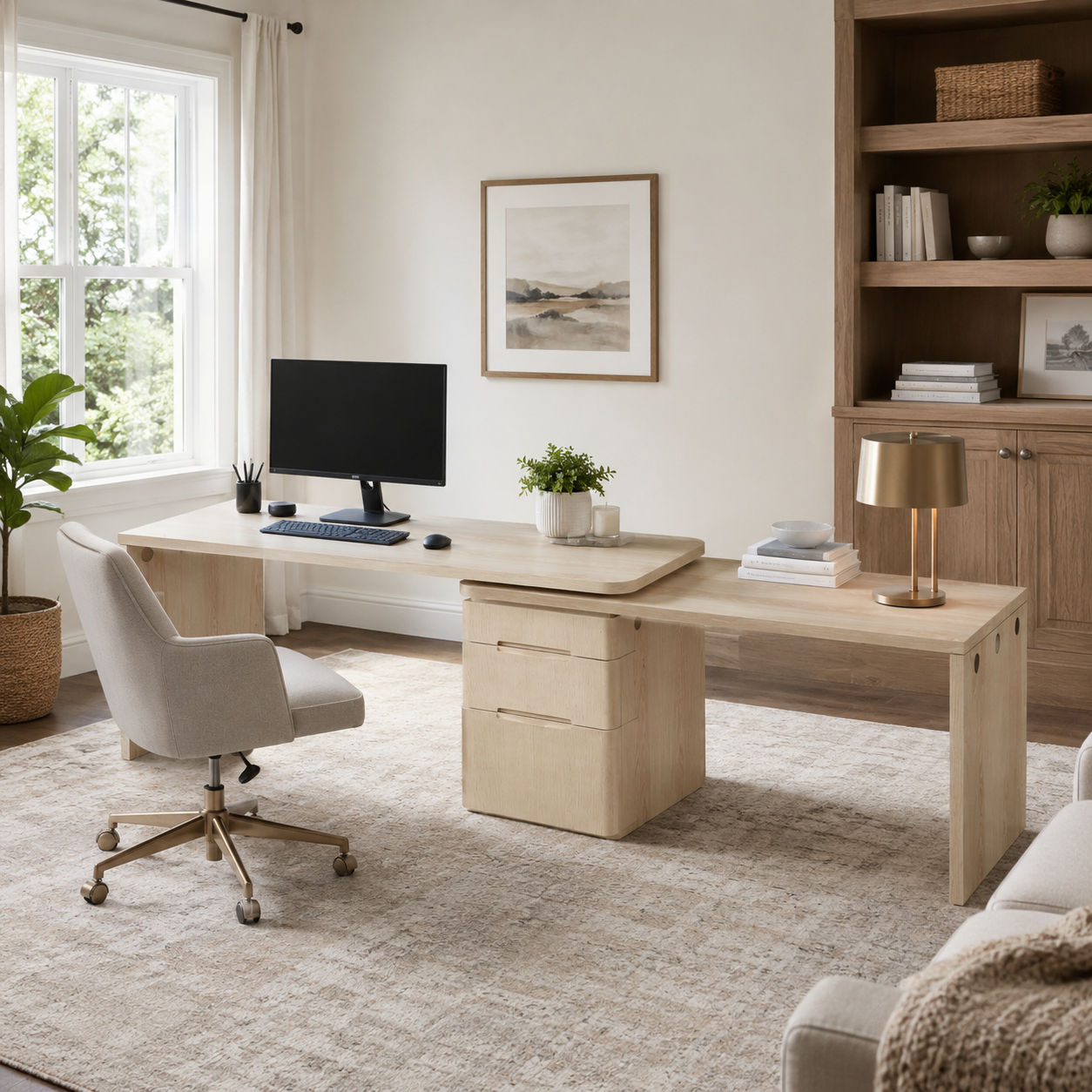 Narvik natural executive desk showing a spacious home office setup with a monitor and rolling chair