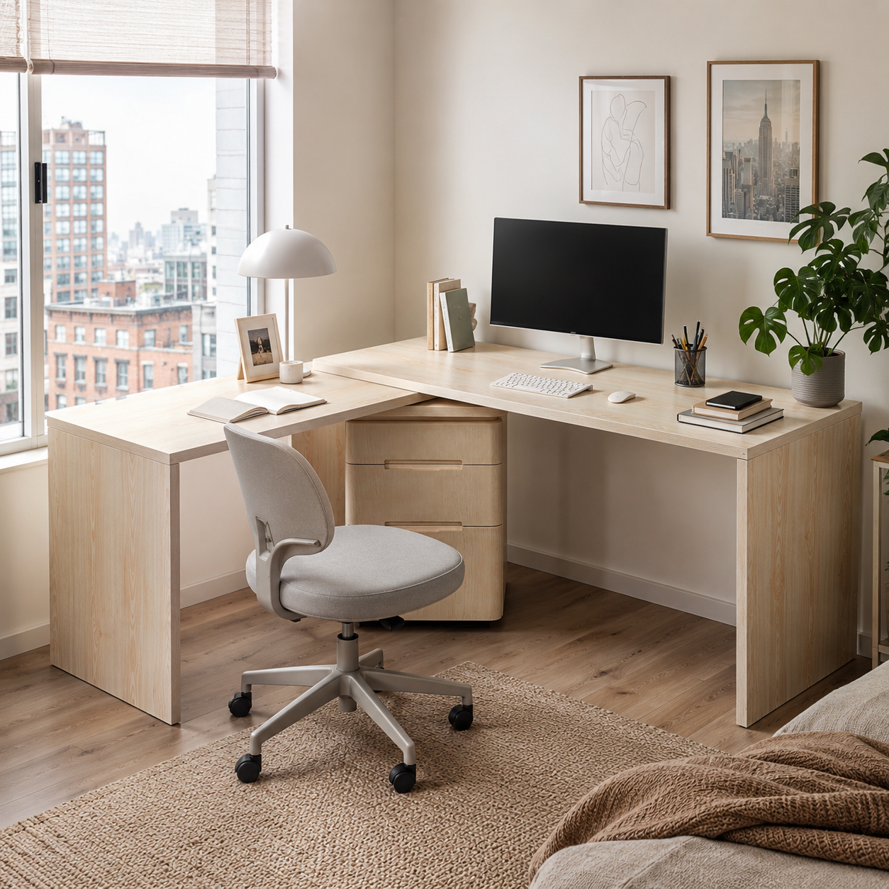 Narvik natural executive desk showing a corner workstation with a monitor near a city-view window