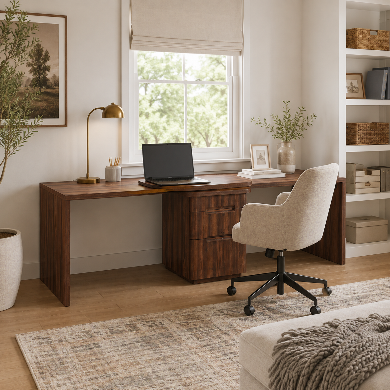 Narvik natural executive desk showing a laptop workspace with a white chair beside a large window