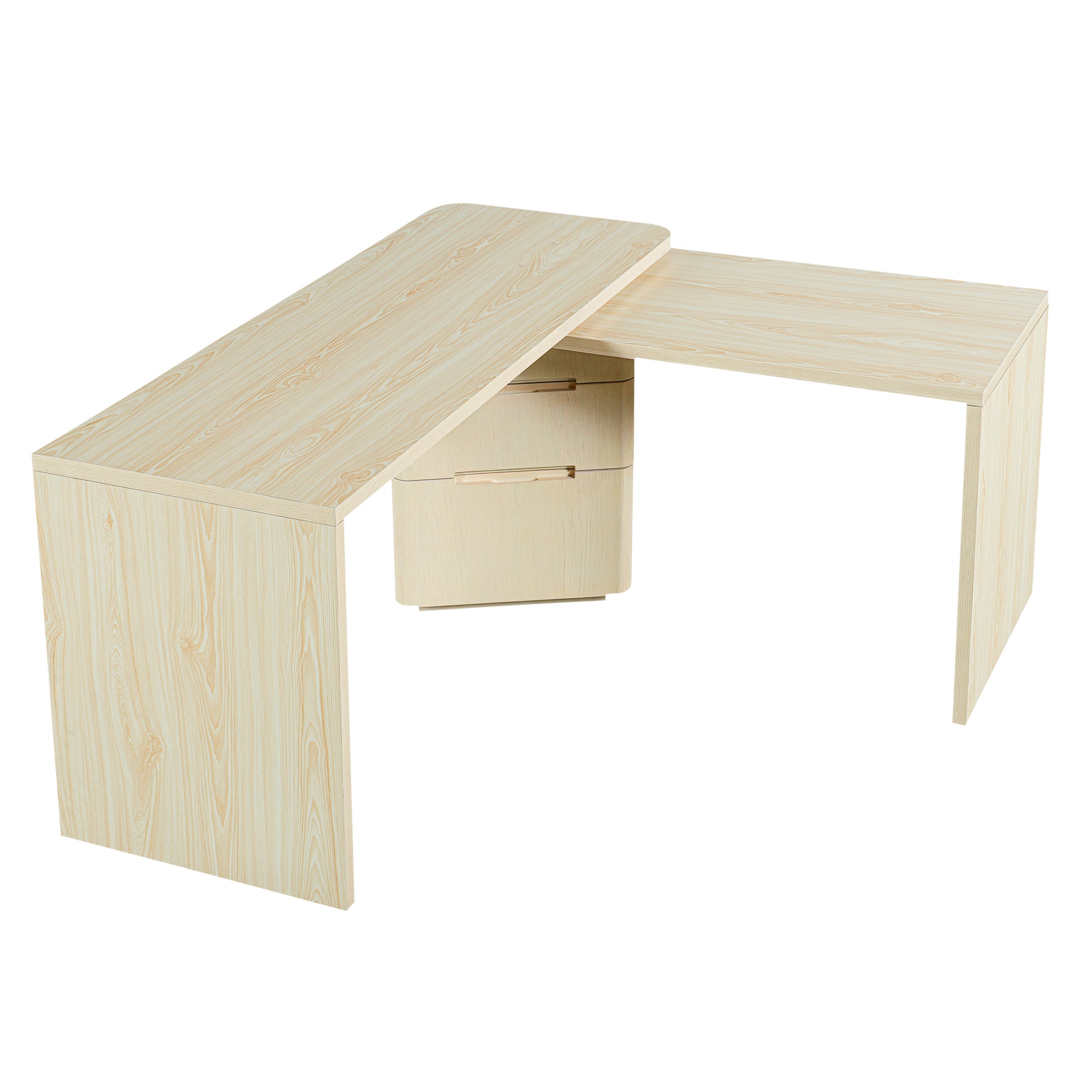 Narvik natural executive desk showing an angled L-shaped configuration with a drawer pedestal