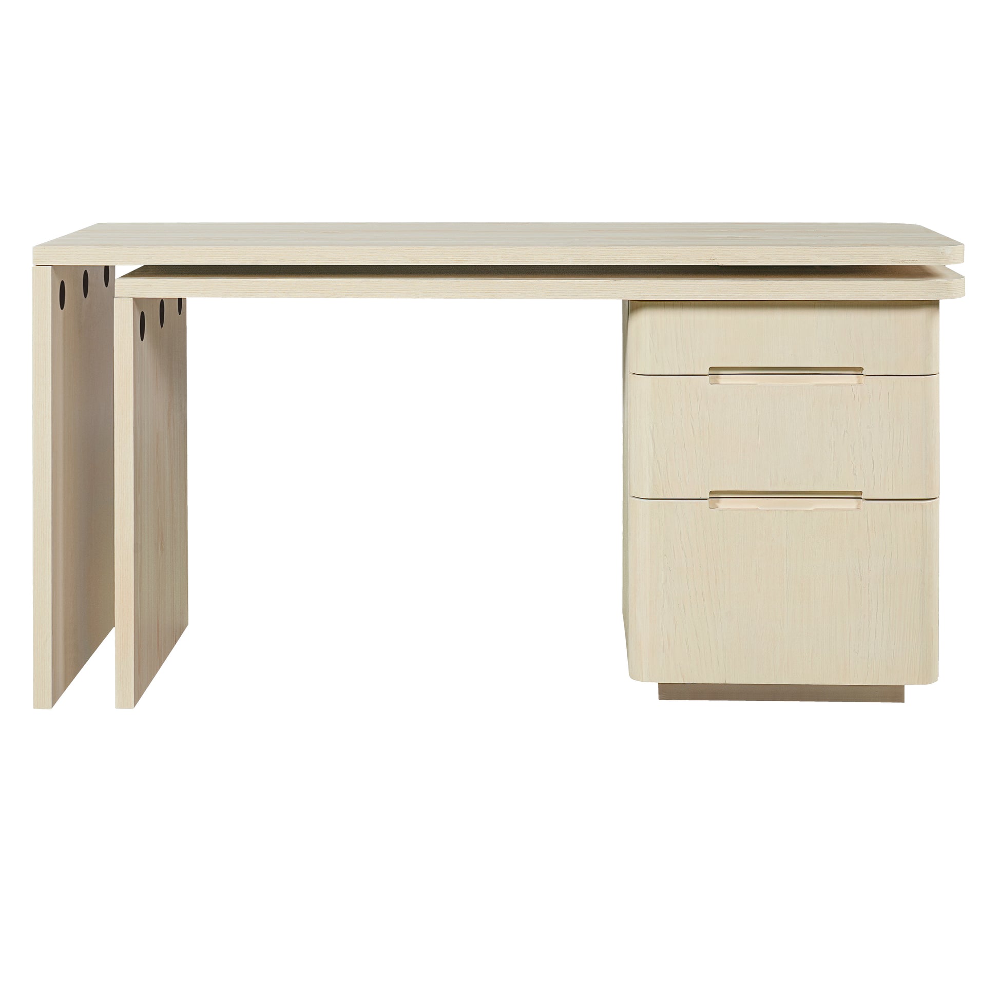 Narvik natural executive desk showing a reverse L-shaped configuration with three storage drawers