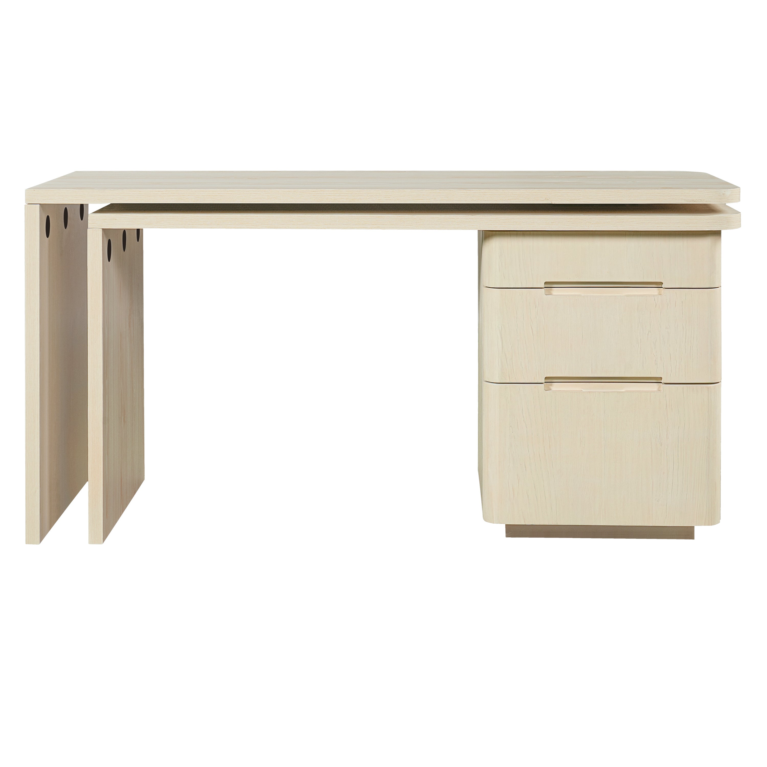 Narvik natural executive desk showing a reverse L-shaped configuration with three storage drawers
