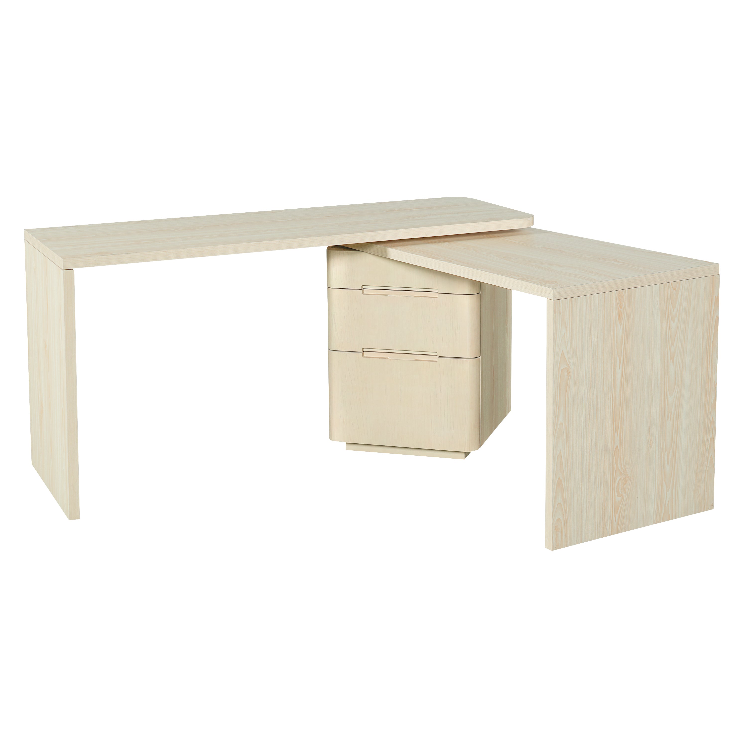 Narvik natural executive desk showing a compact angled view with a drawer pedestal and side panel