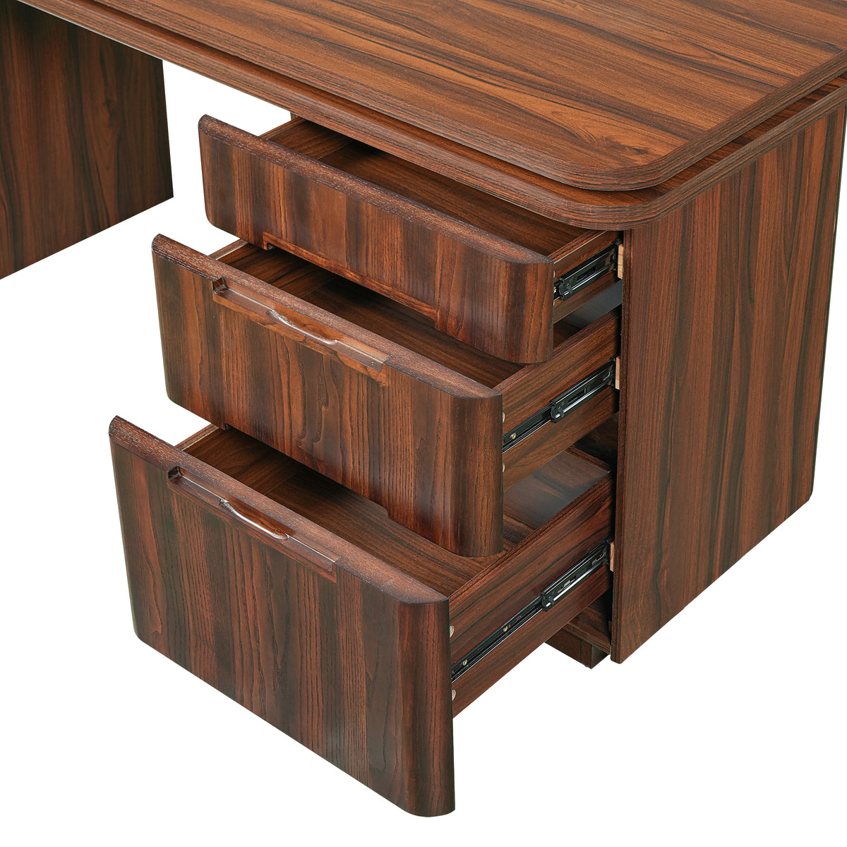 Narvik walnut executive desk showing three-drawer storage detail