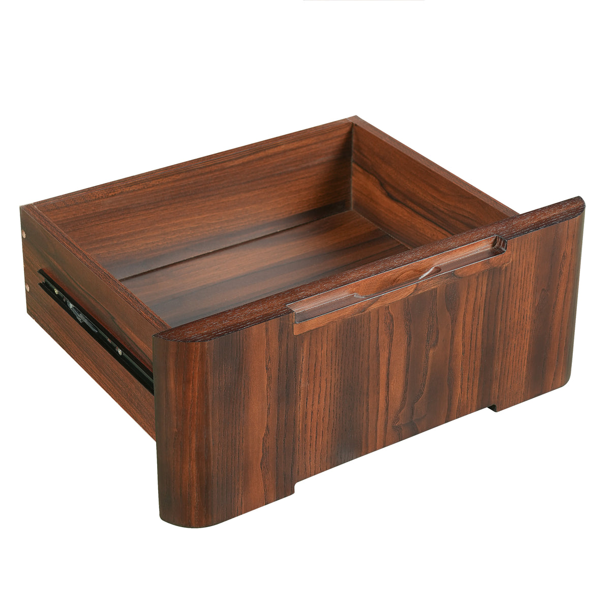 Narvik walnut executive desk showing open drawer interior detail