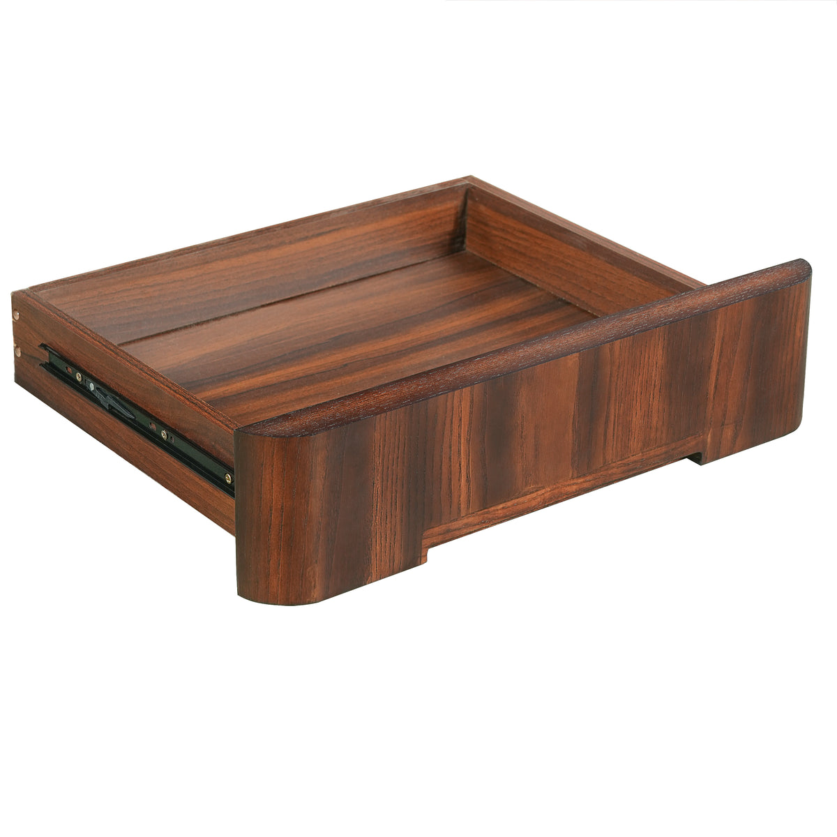 Narvik walnut executive desk showing shallow drawer storage detail