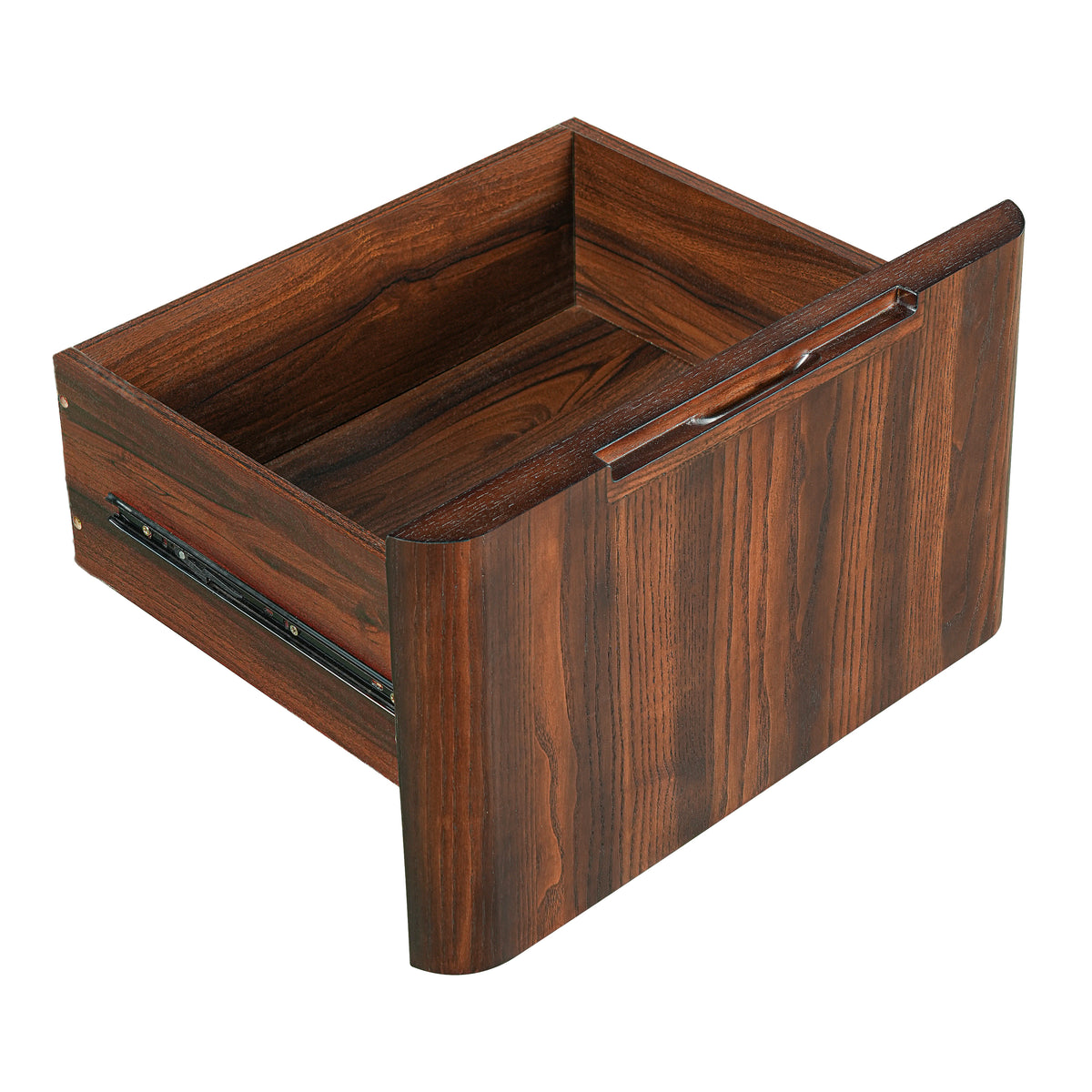 Narvik walnut executive desk showing deep drawer storage detail