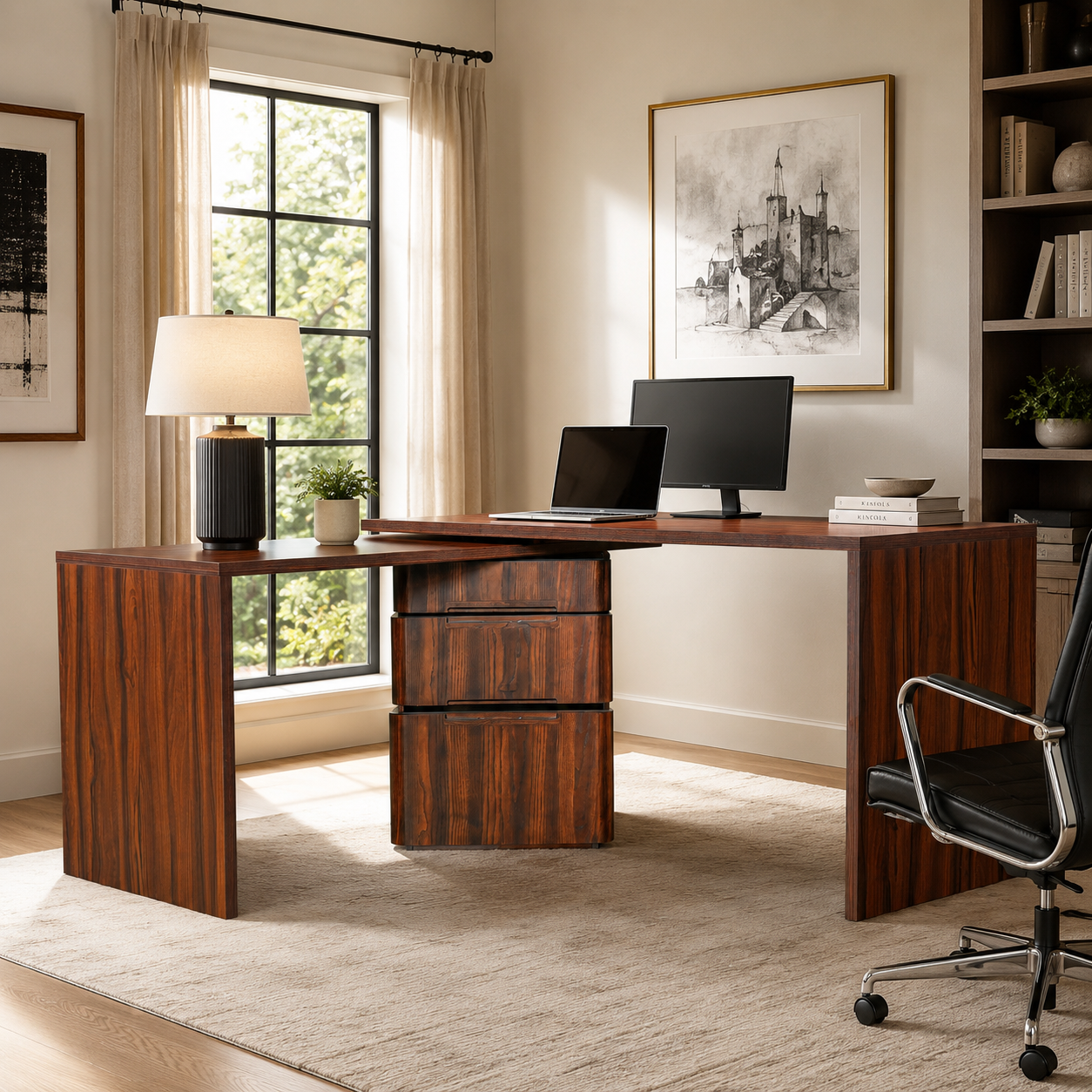 Narvik walnut executive desk showing an L-shaped workspace with a rolling chair near a large window