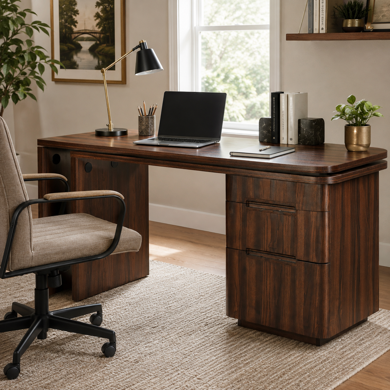 Narvik walnut executive desk showing a spacious corner workstation with a monitor and office chair