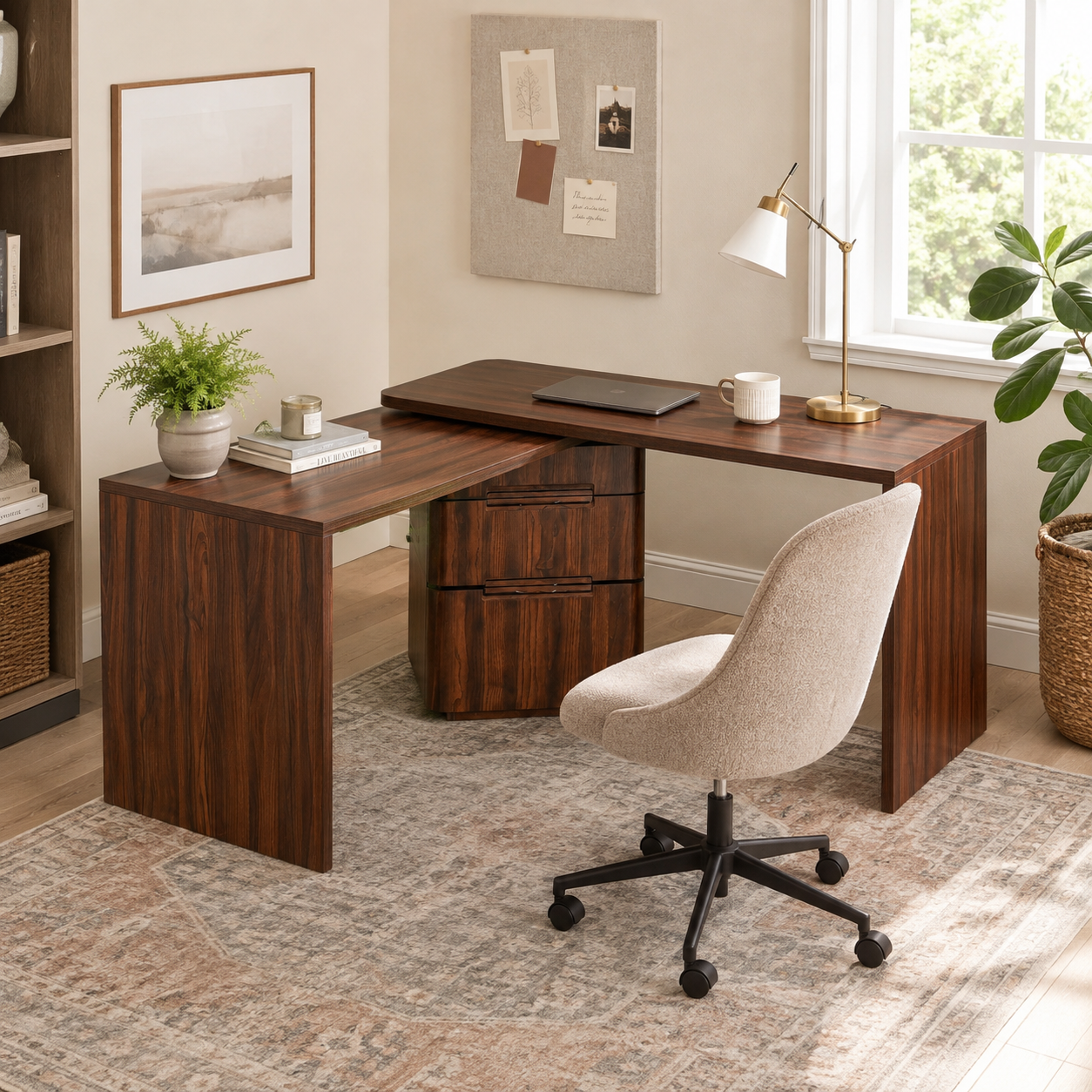 Narvik walnut executive desk showing an L-shaped layout with three drawers in a bright home office