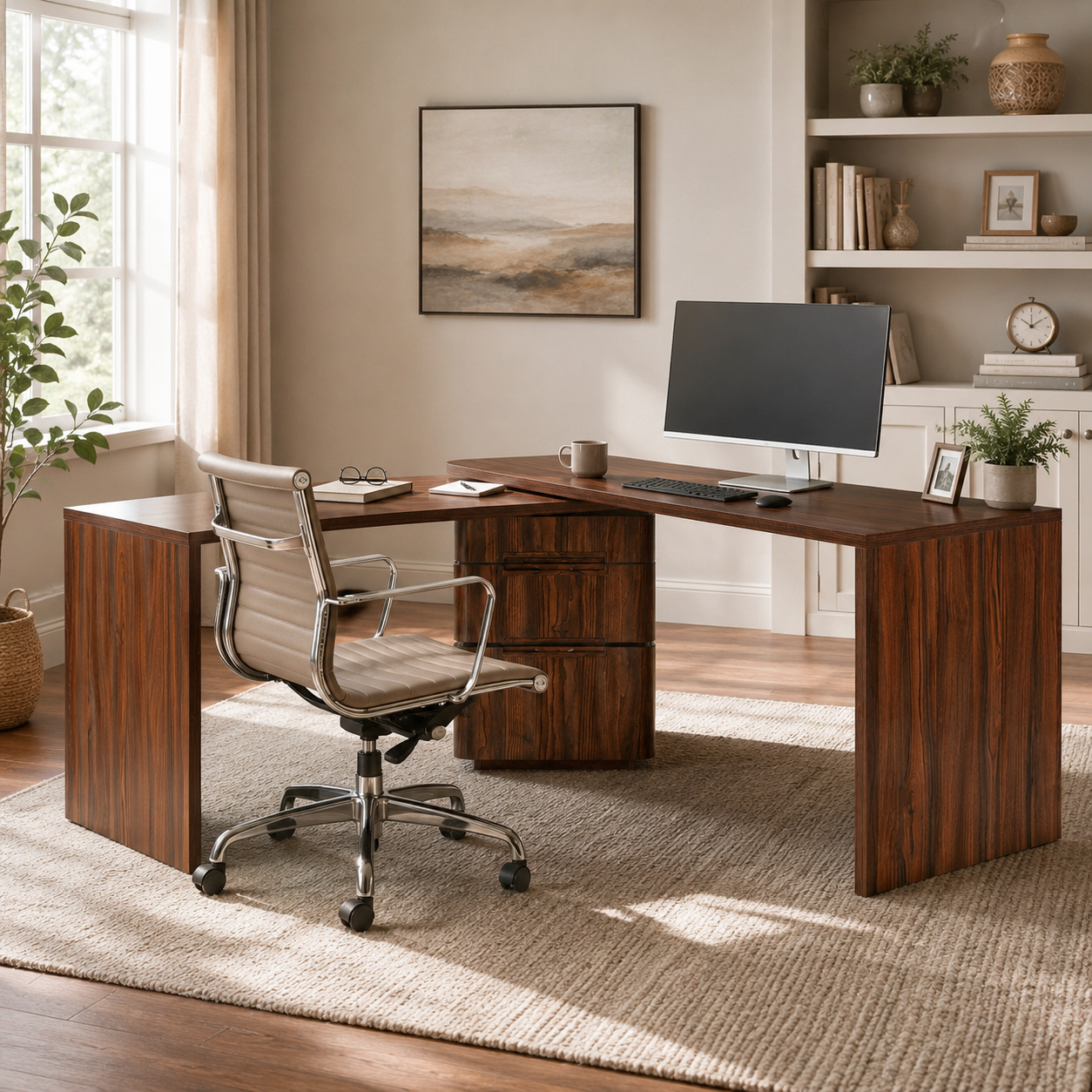 Narvik walnut executive desk showing a wide workstation with a monitor and open floor space