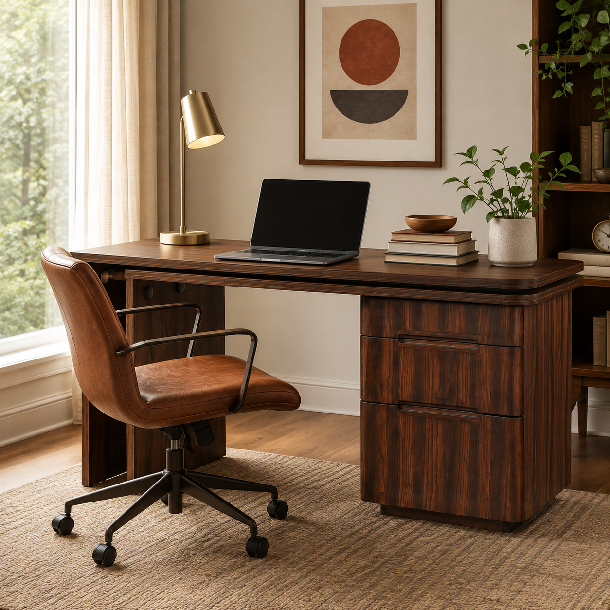 Narvik walnut executive desk showing a laptop workspace with a brown chair beside tall windows