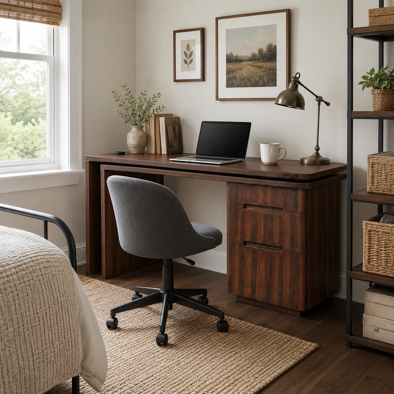 Narvik walnut executive desk showing a compact workspace with a grey chair beside a bedroom window
