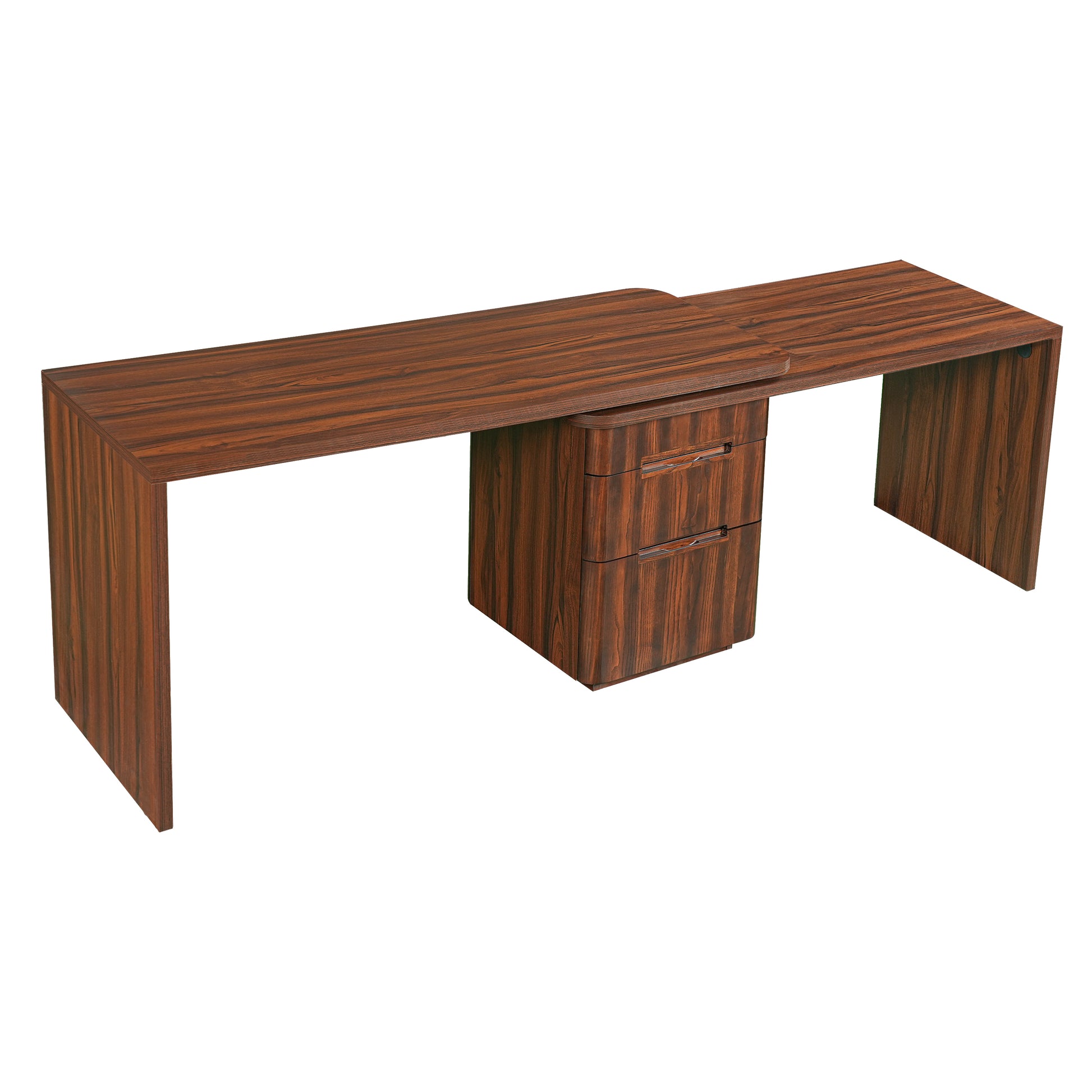 Narvik walnut executive desk showing the extended straight configuration with a central drawer unit