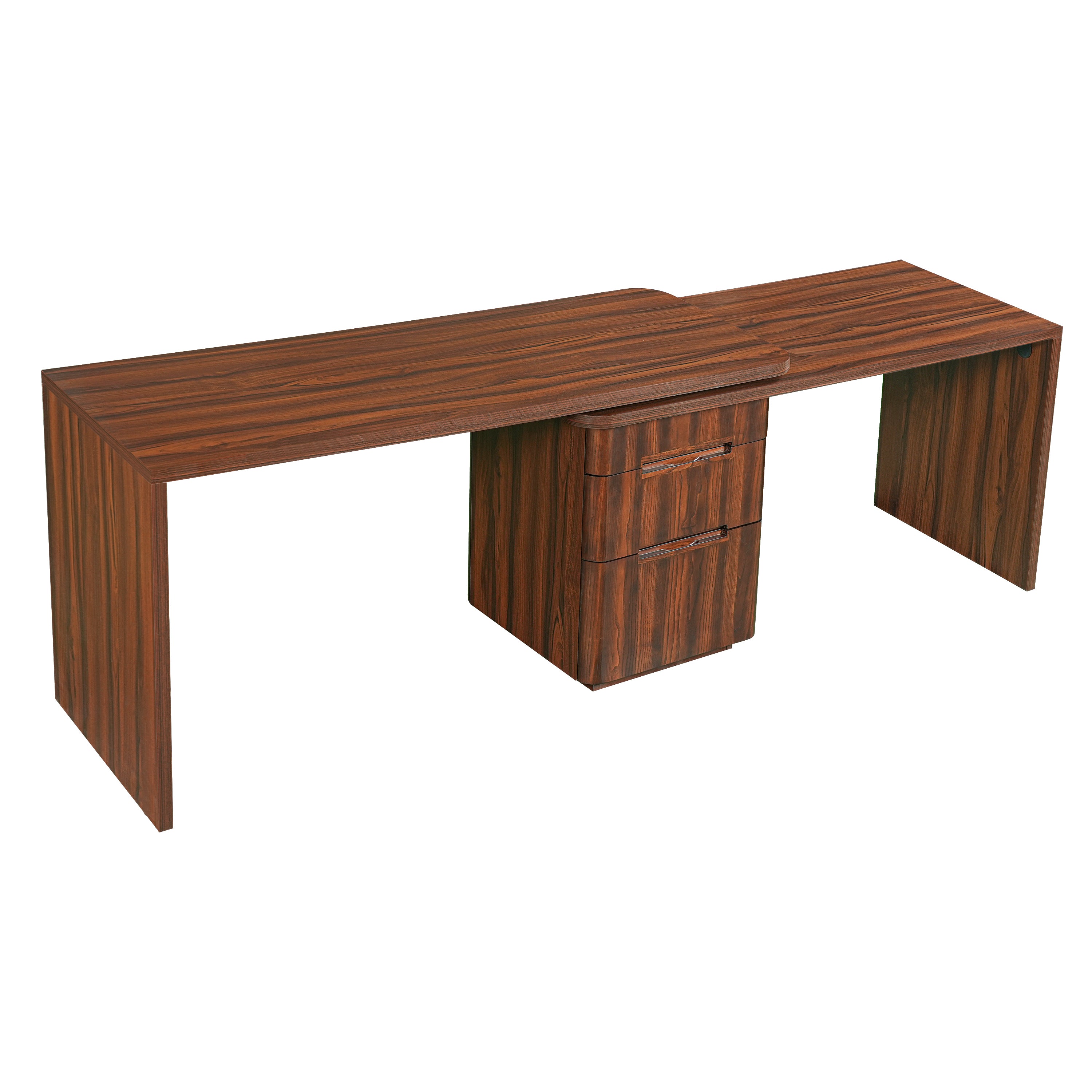Narvik walnut executive desk showing the extended straight configuration with a central drawer unit