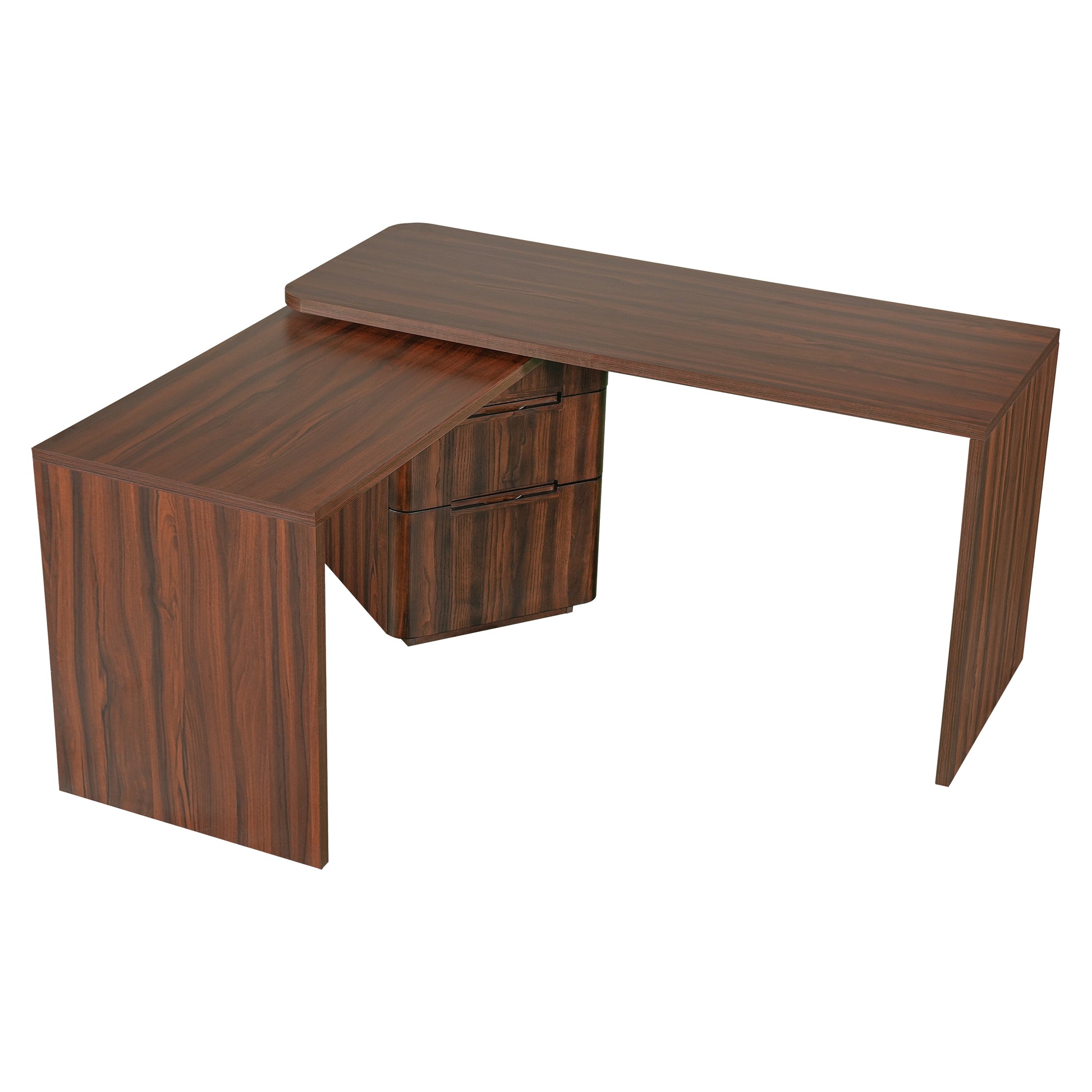 Narvik walnut executive desk showing an angled L-shaped configuration with three storage drawers