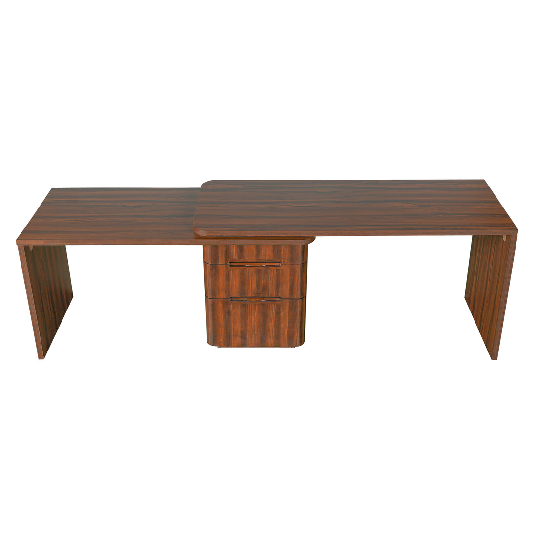 Narvik walnut executive desk showing a wide straight configuration with the drawer unit centered