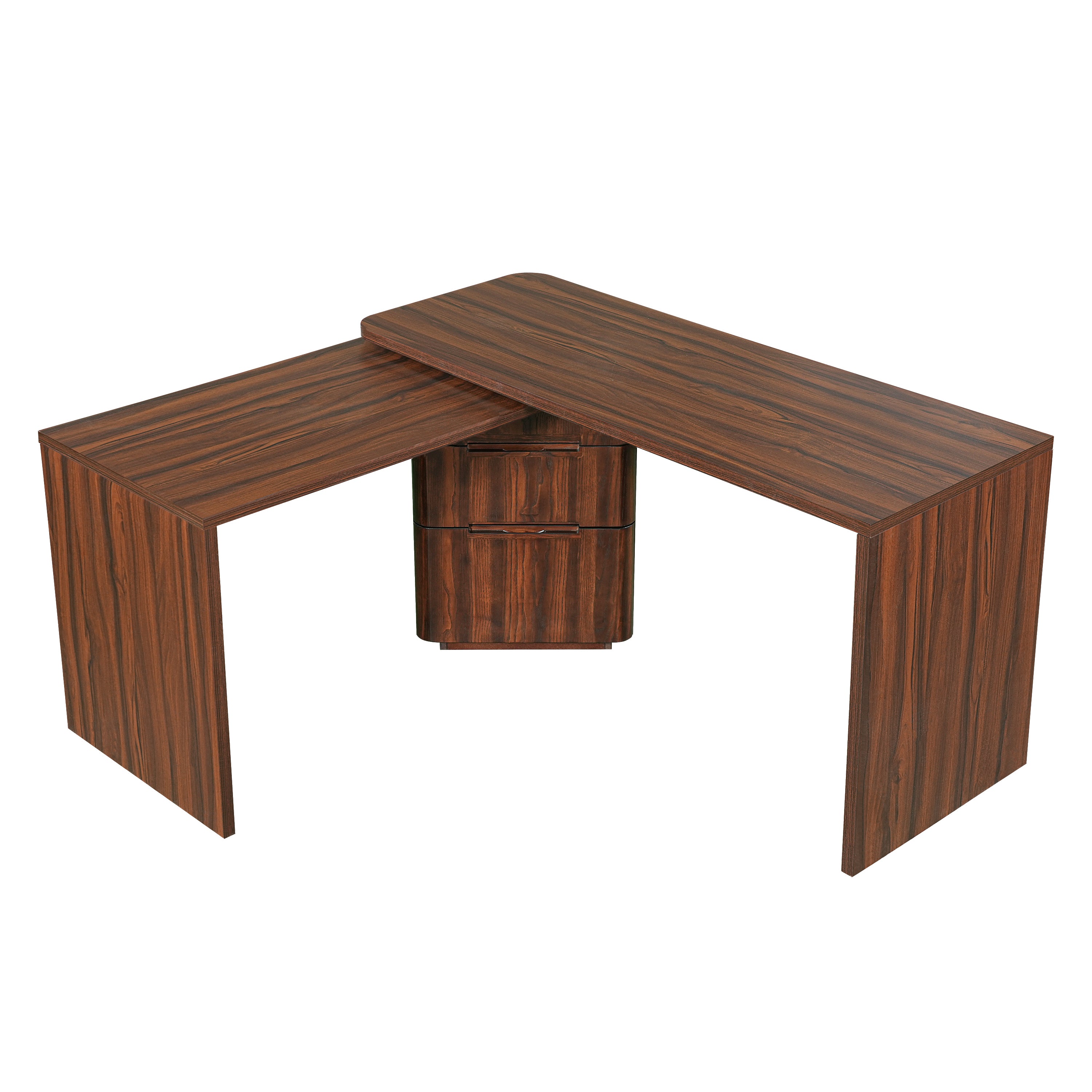 Narvik walnut executive desk showing a corner configuration with the drawer pedestal in the center