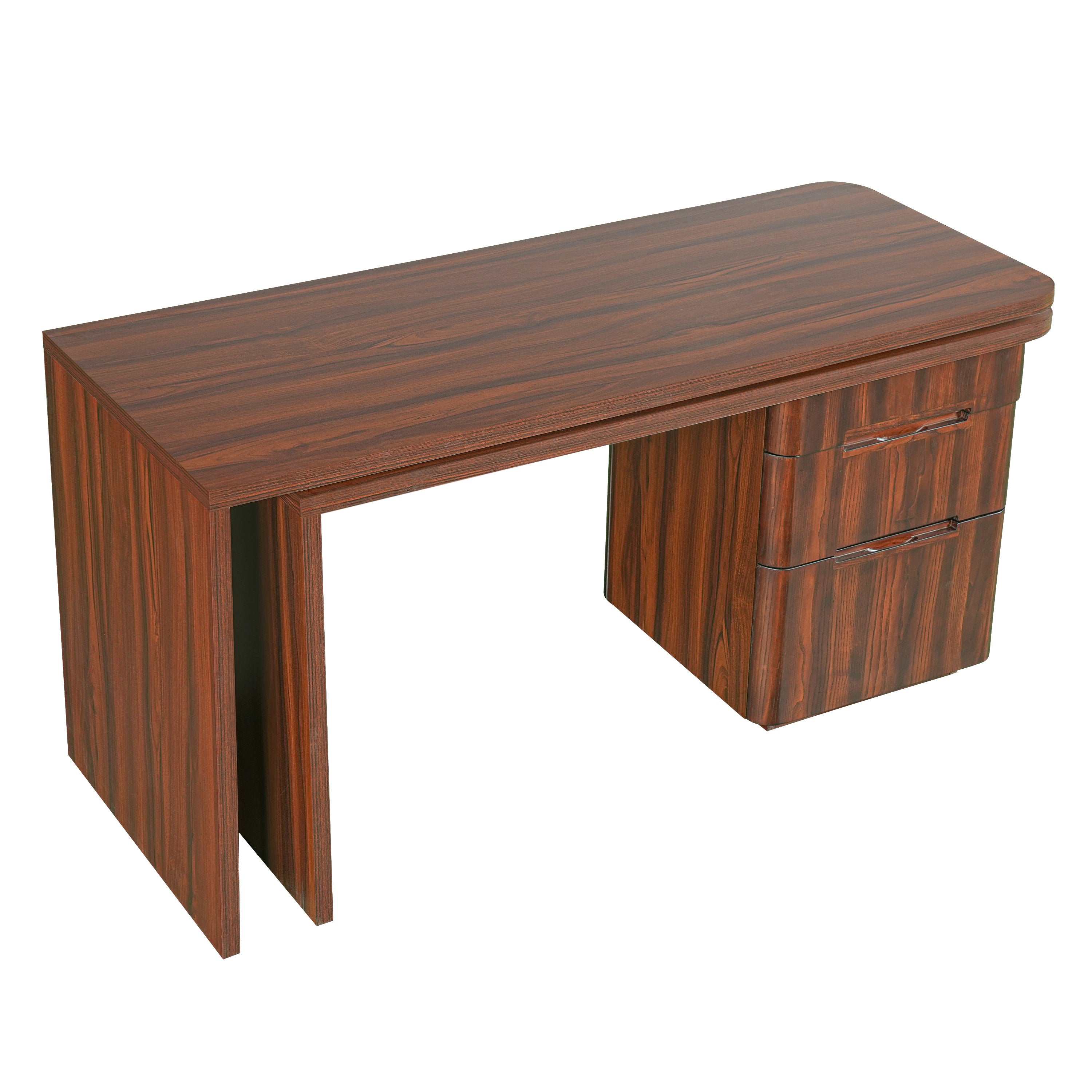 Narvik walnut executive desk showing an angled compact layout with a three-drawer pedestal