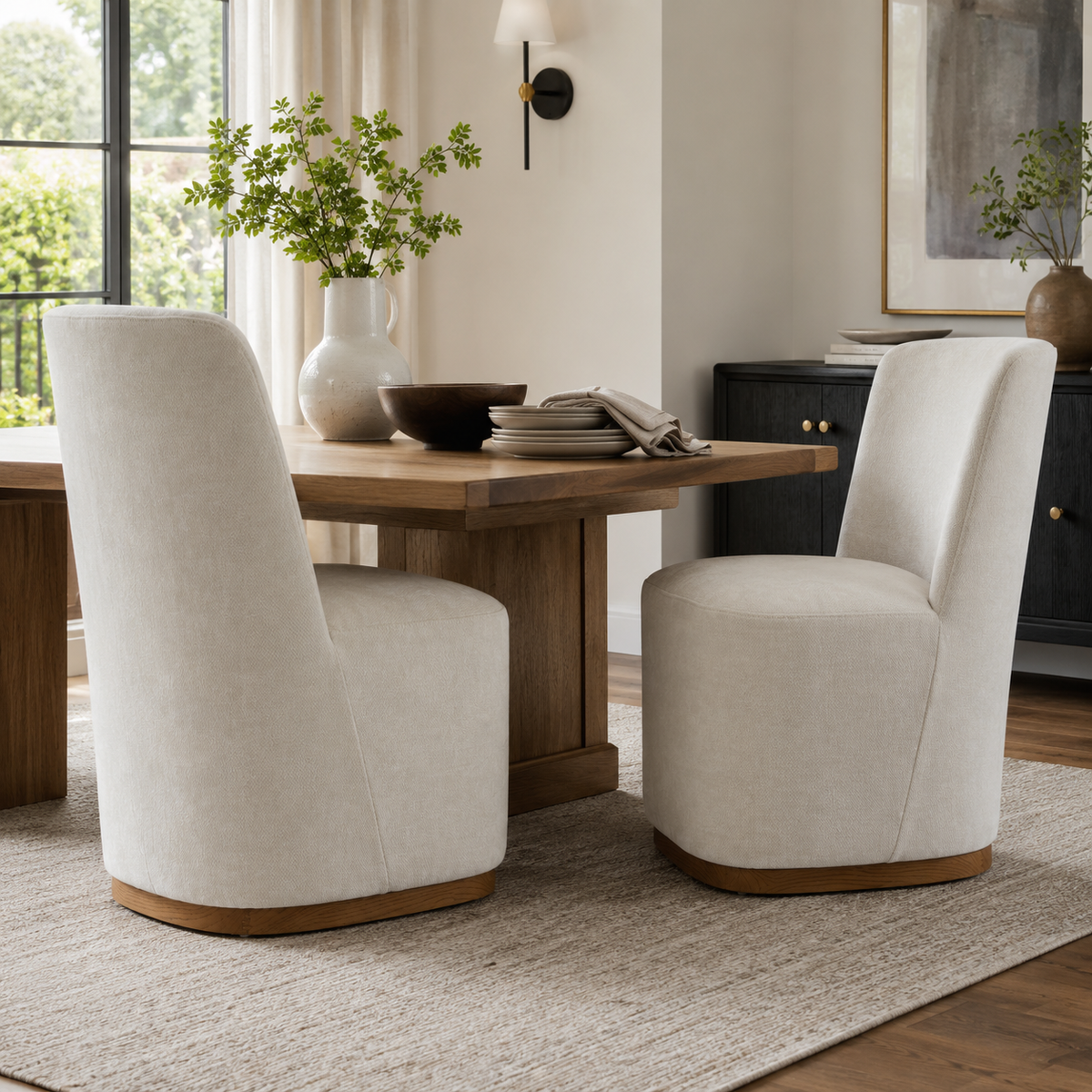 Neretva white dining chair showing two chairs around a round dining table