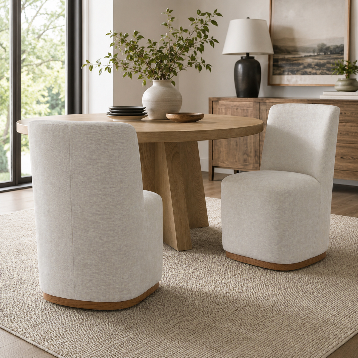 Neretva white dining chair showing two chairs with a wood dining table near a window