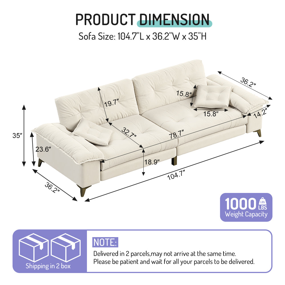 Newton beige modular chenille tufted sofa showing product dimensions and weight capacity chart