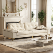 Newton beige modular chenille tufted sofa styled in elegant living room with fireplace