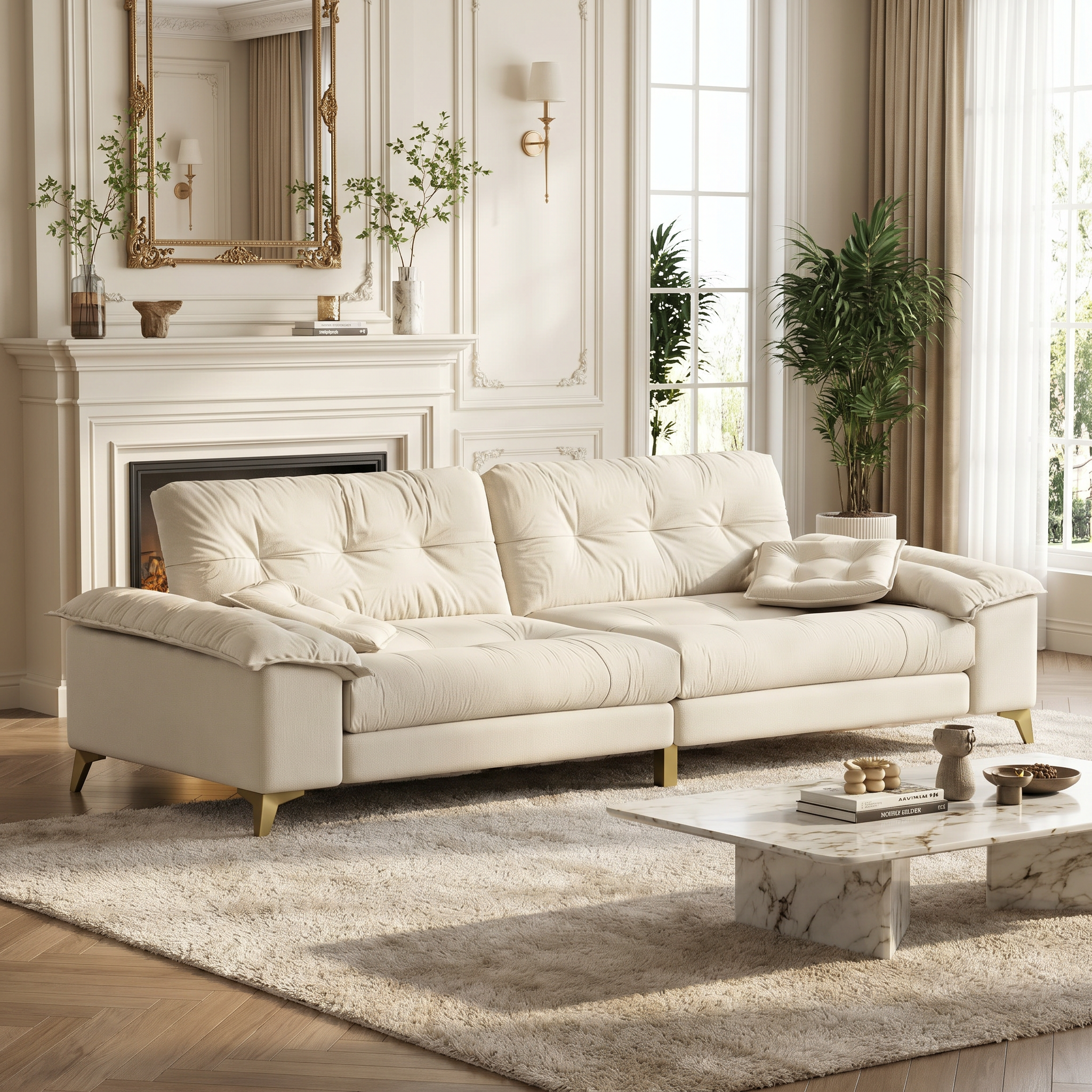 Newton beige modular chenille tufted sofa styled in elegant living room with fireplace