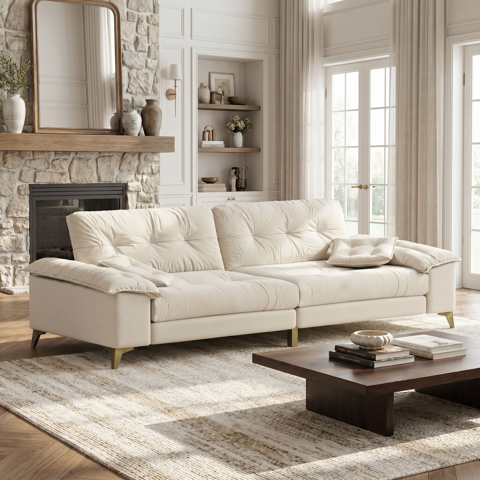 Newton beige modular chenille tufted sofa showing modern living room setup with wide armrests