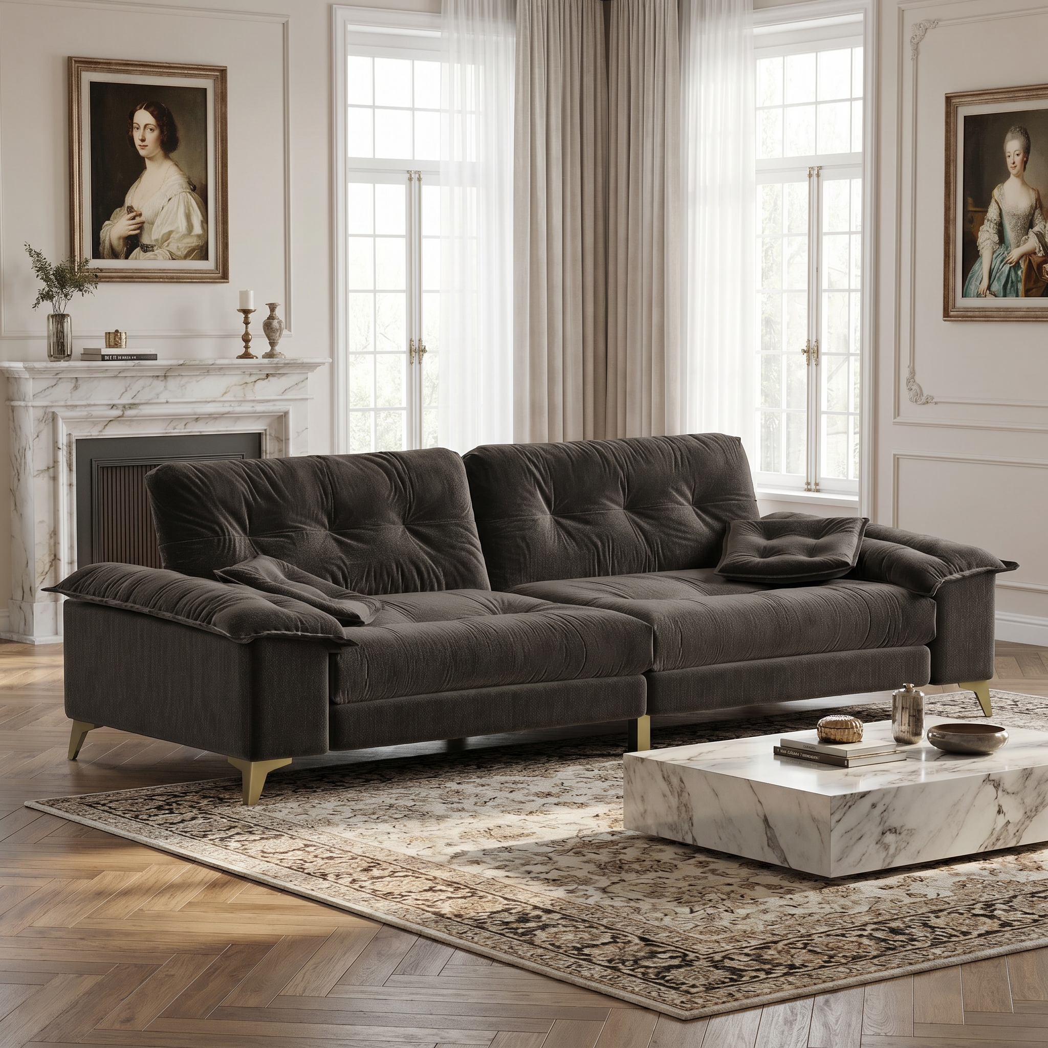 Newton dark grey modular chenille tufted sofa styled in elegant living room with marble fireplace