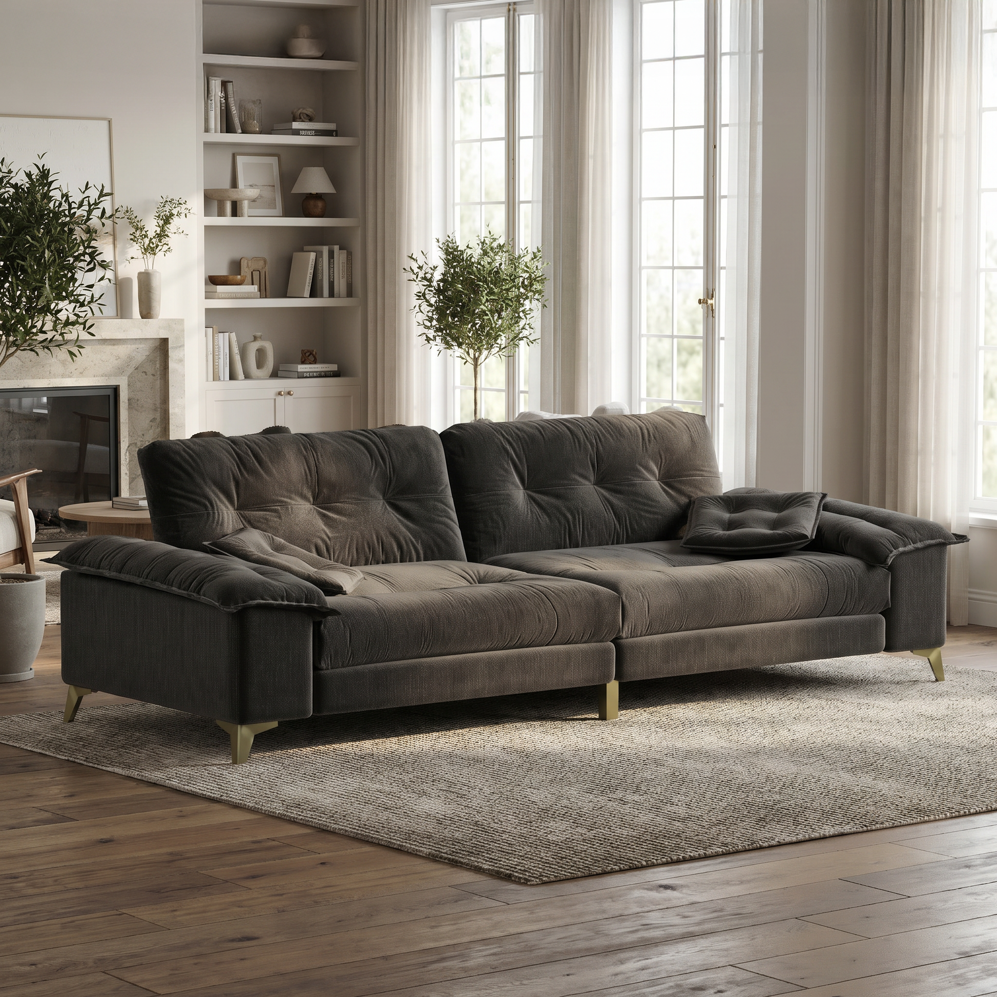 Newton dark grey modular chenille tufted sofa showing modern living room setup with removable armrests