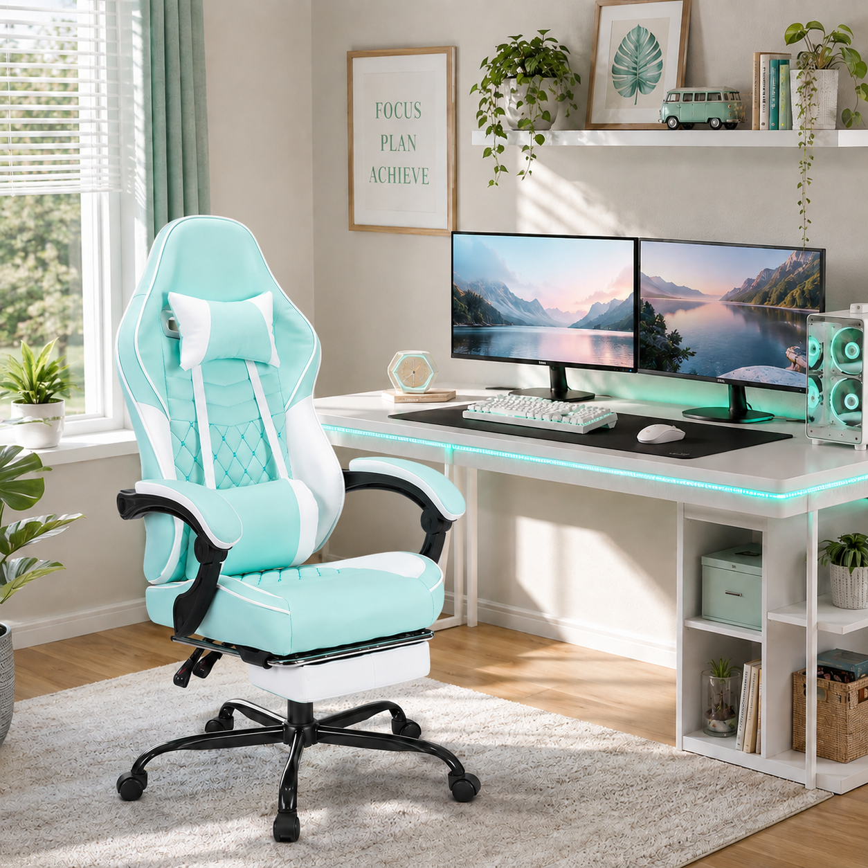 Nexar aqua ergonomic gaming chair with lumbar cushion and retractable footrest in a bright gaming room
