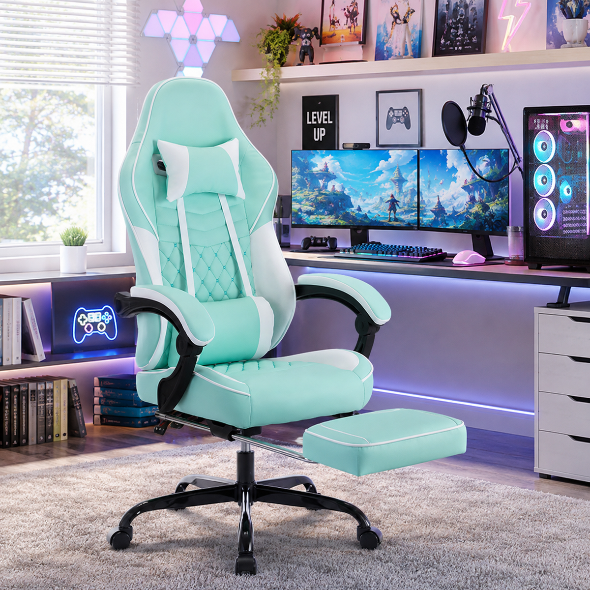 Nexar aqua gaming chair beside a desk in a modern home office with soft lighting