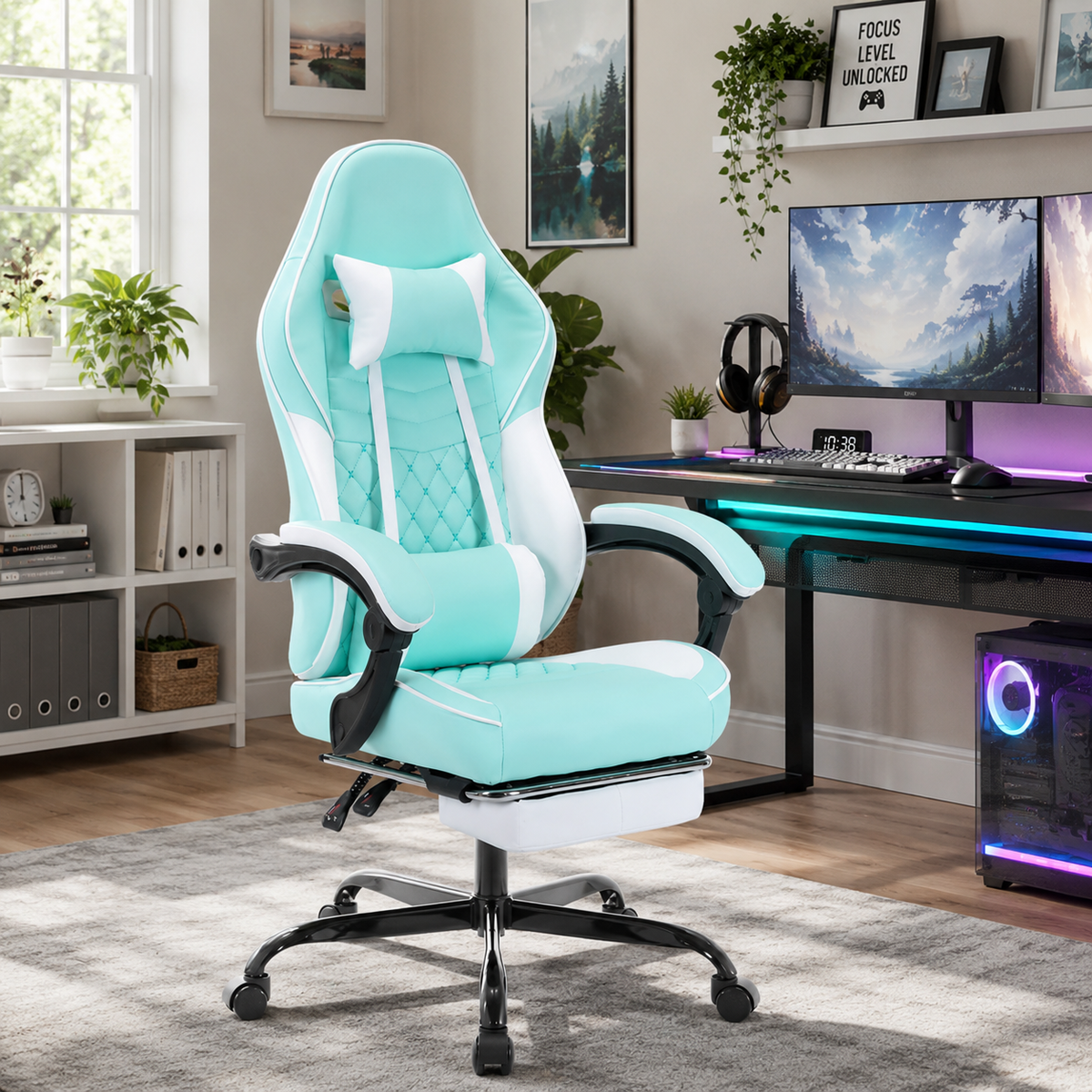 Nexar aqua ergonomic gaming chair in a gaming setup with RGB lights and dual monitors