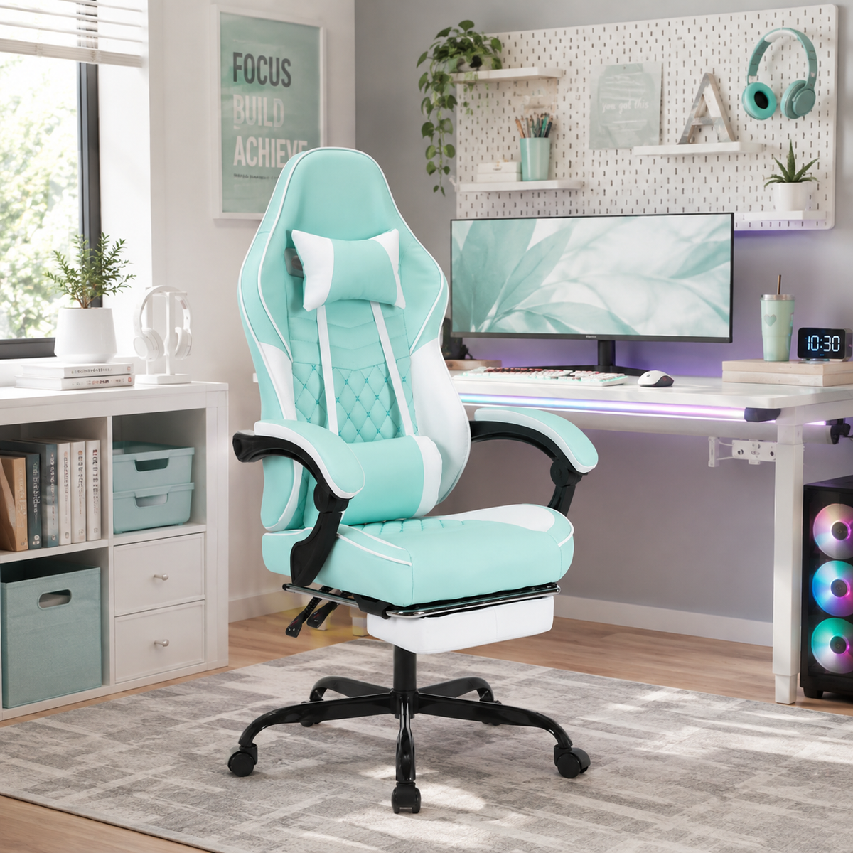 Nexar aqua gaming chair in a cozy room with computer desk and monitor setup