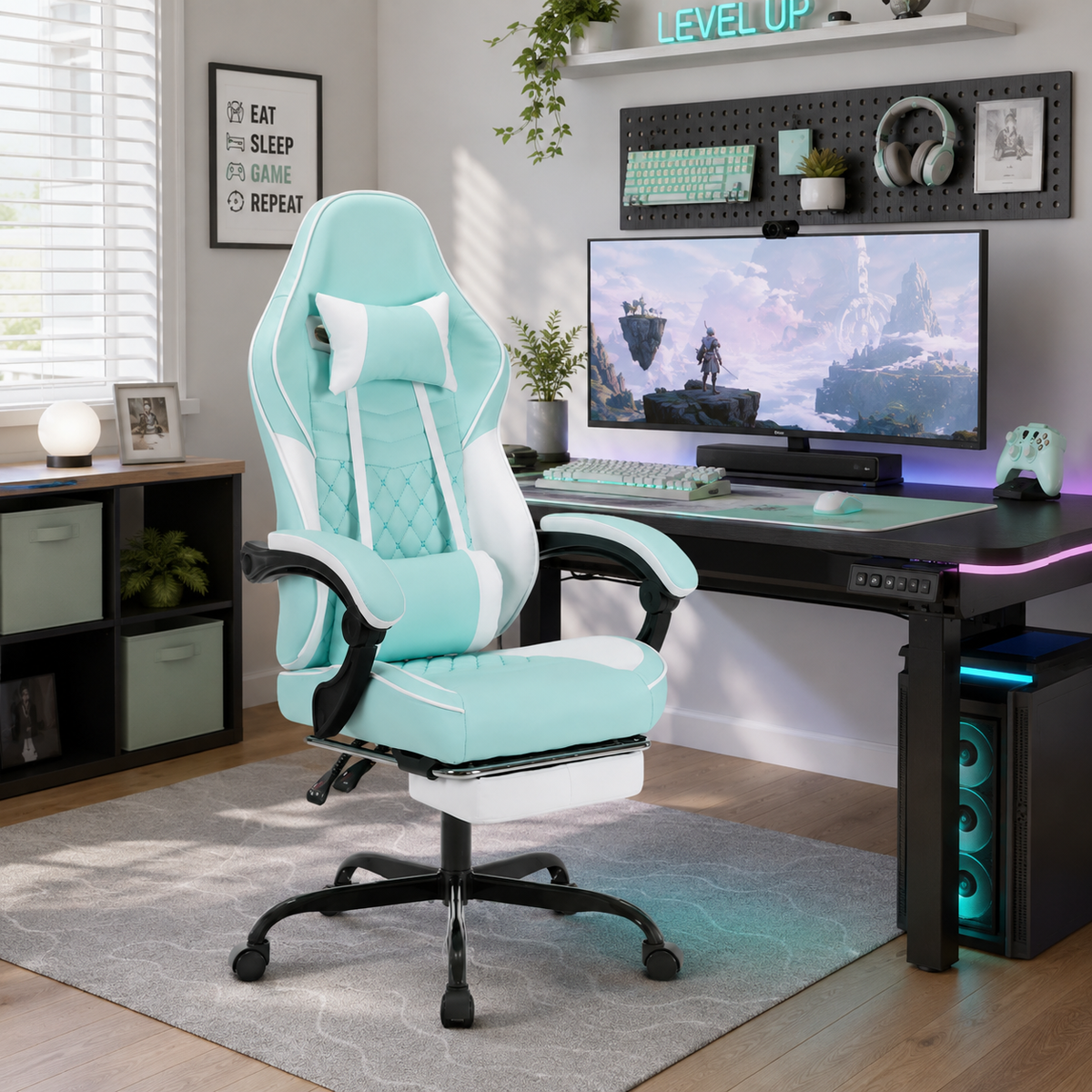 Nexar aqua ergonomic gaming chair in a bright workspace with shelving and decor