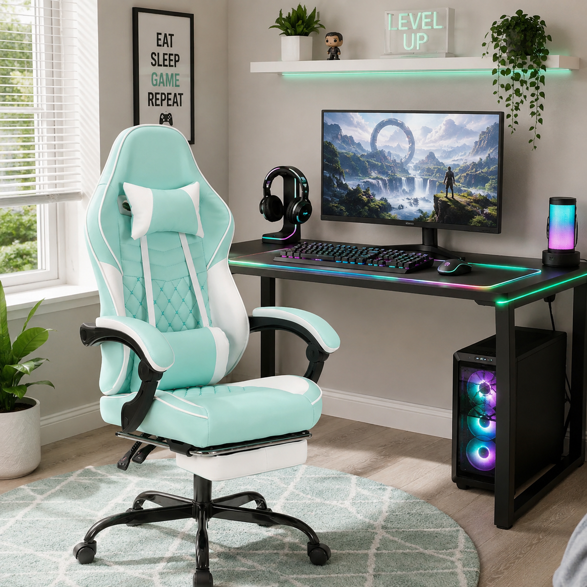 Nexar aqua ergonomic gaming chair in a bright workspace with shelving and decor