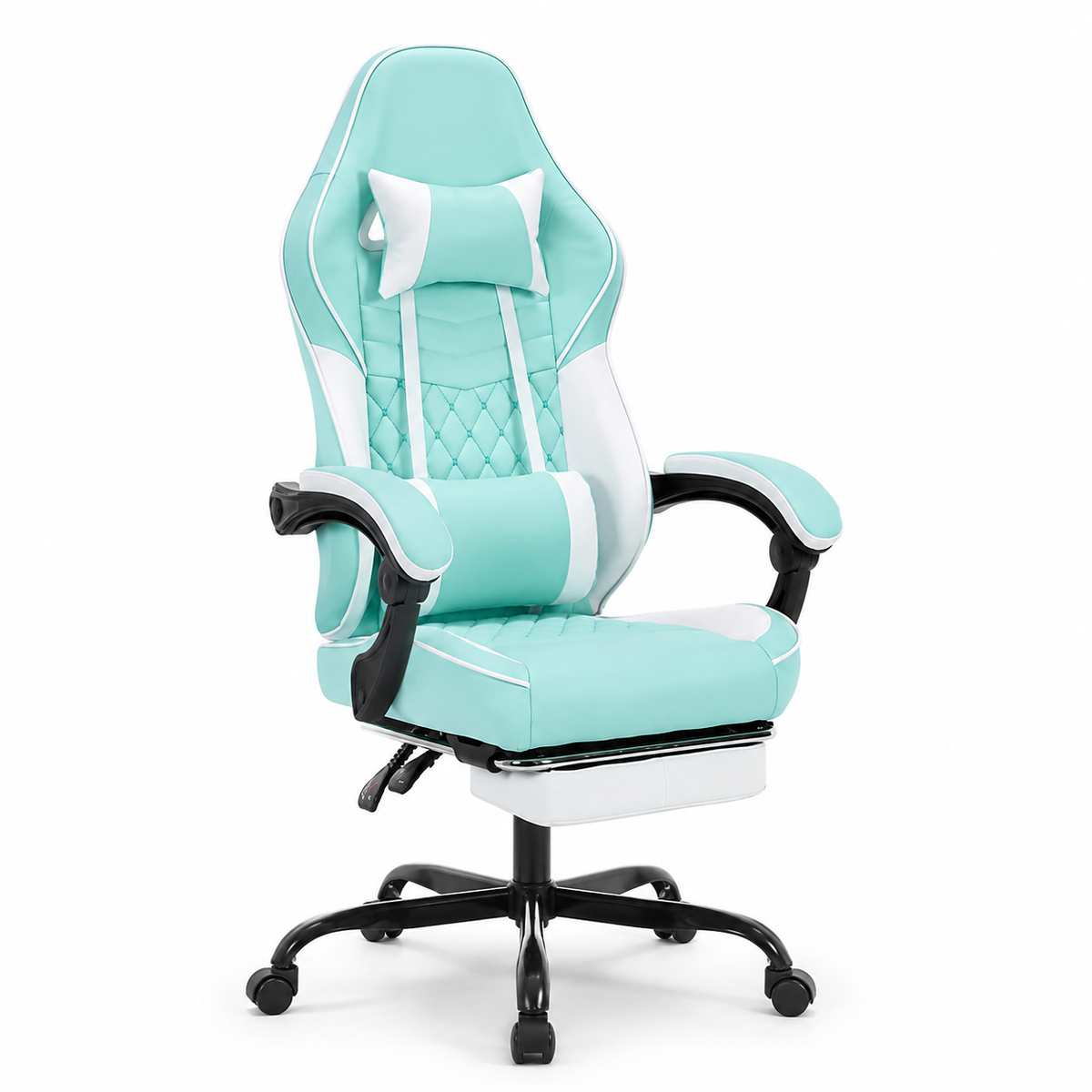 Nexar aqua gaming chair front angled view with lumbar pillow on white background