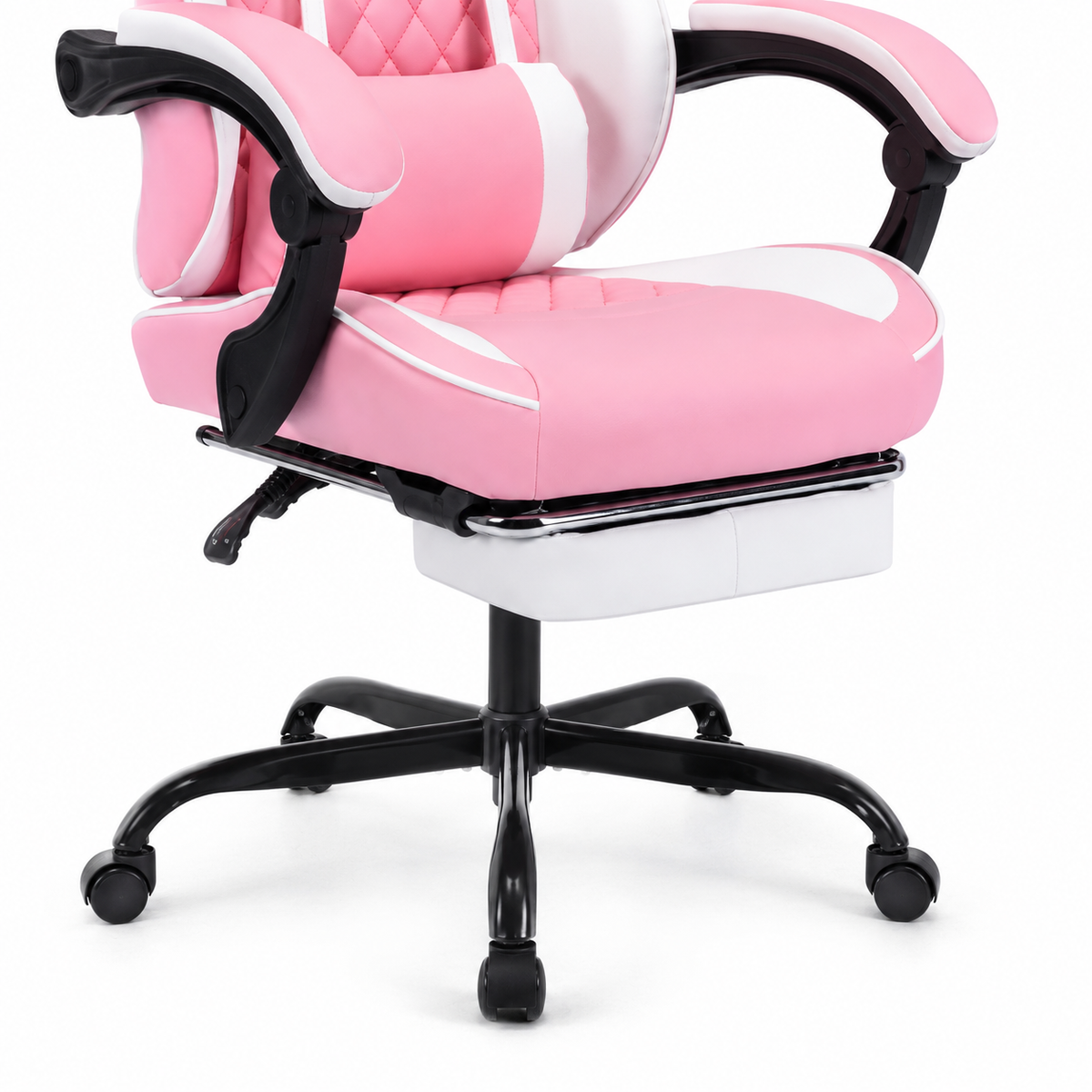 Nexar pink gaming chair showing seat base and caster detail