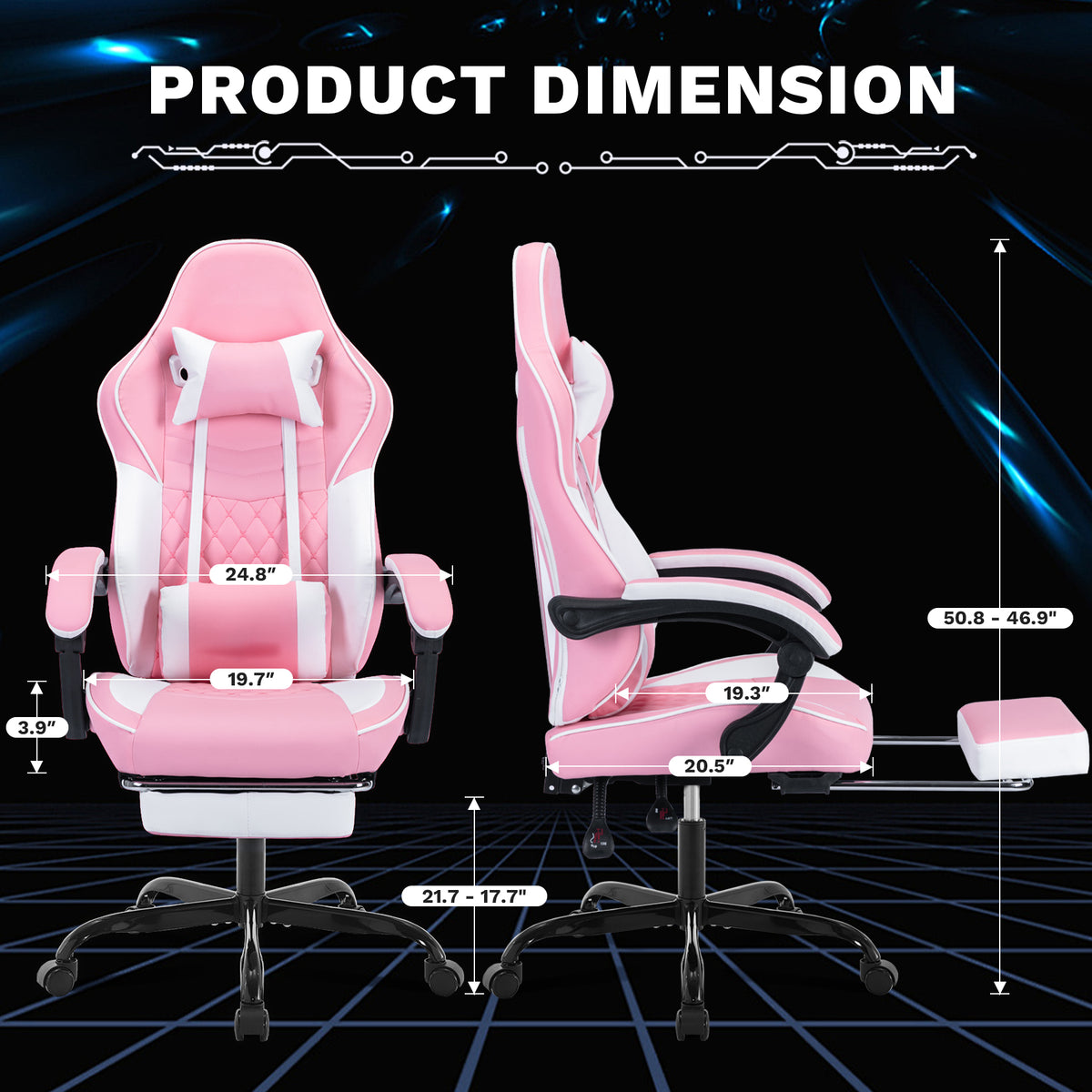 Nexar pink gaming chair showing dimensions