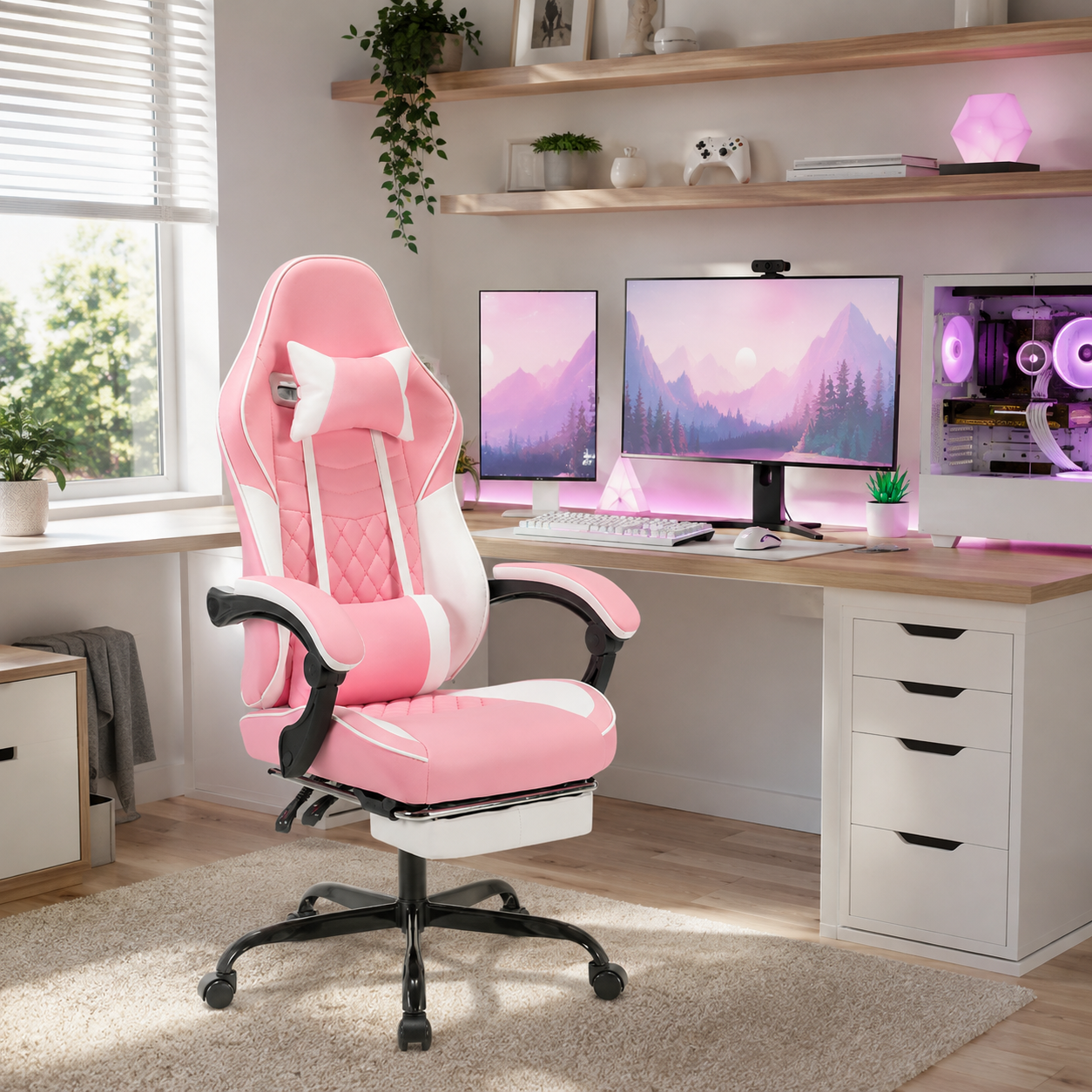 Nexar pink ergonomic gaming chair with lumbar cushion and retractable footrest in a bright bedroom setup