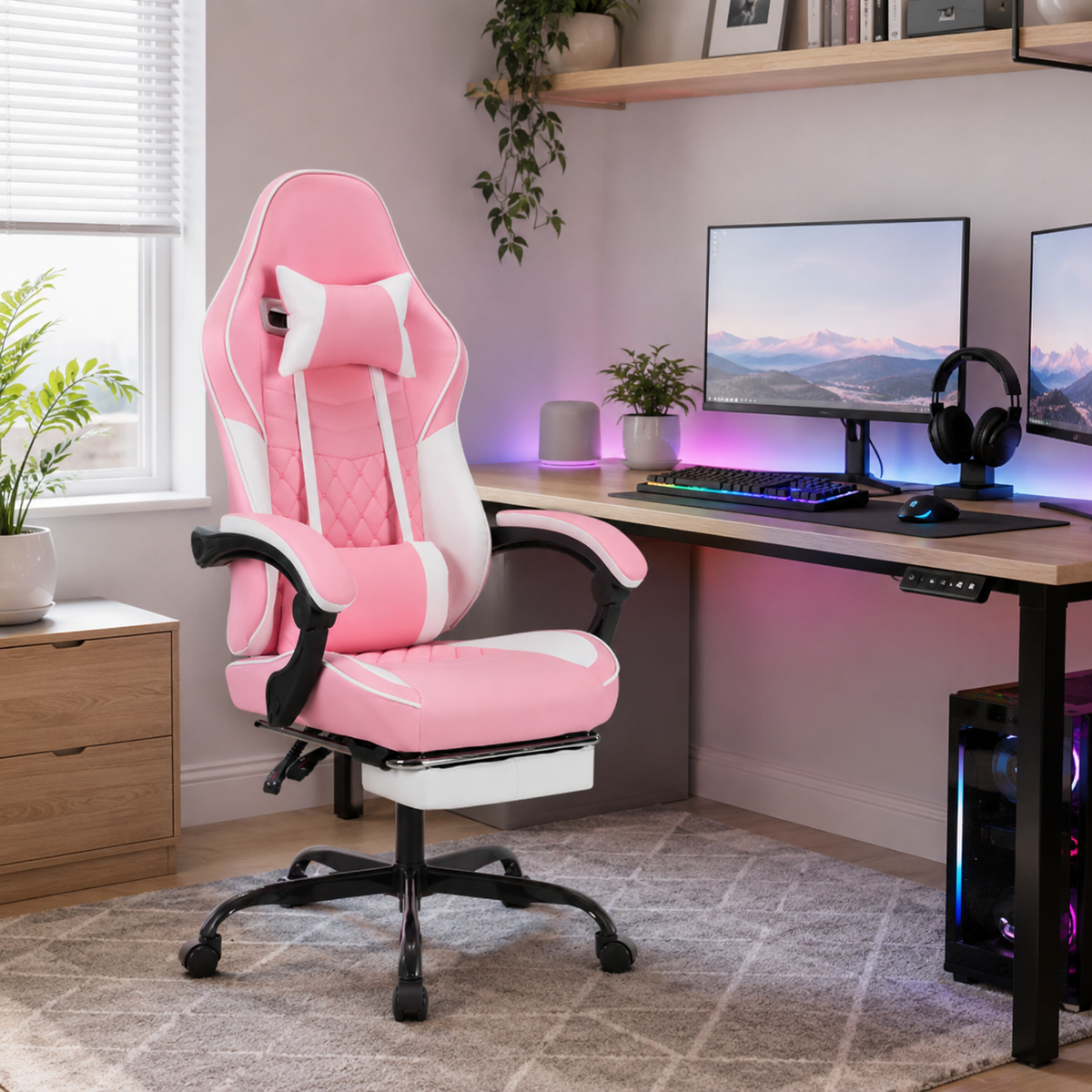 Nexar pink gaming chair beside a white desk with dual monitors in a cozy room