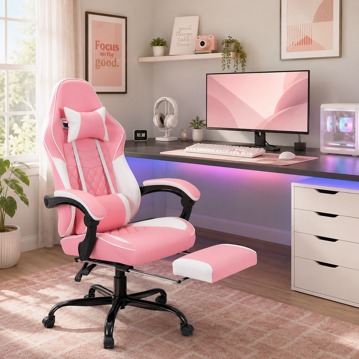 Nexar pink ergonomic gaming chair in a pastel gaming room with RGB lighting