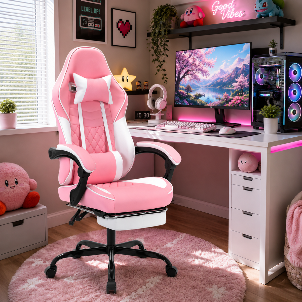 Nexar pink gaming chair in a stylish bedroom workspace with monitor and shelving