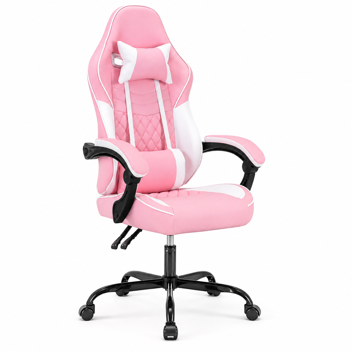 Nexar pink gaming chair front angled view with lumbar pillow on white background