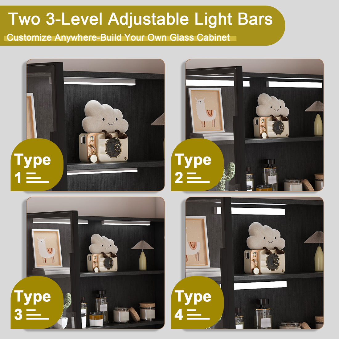 Nord black computer desk showing adjustable light bars inside the glass cabinet