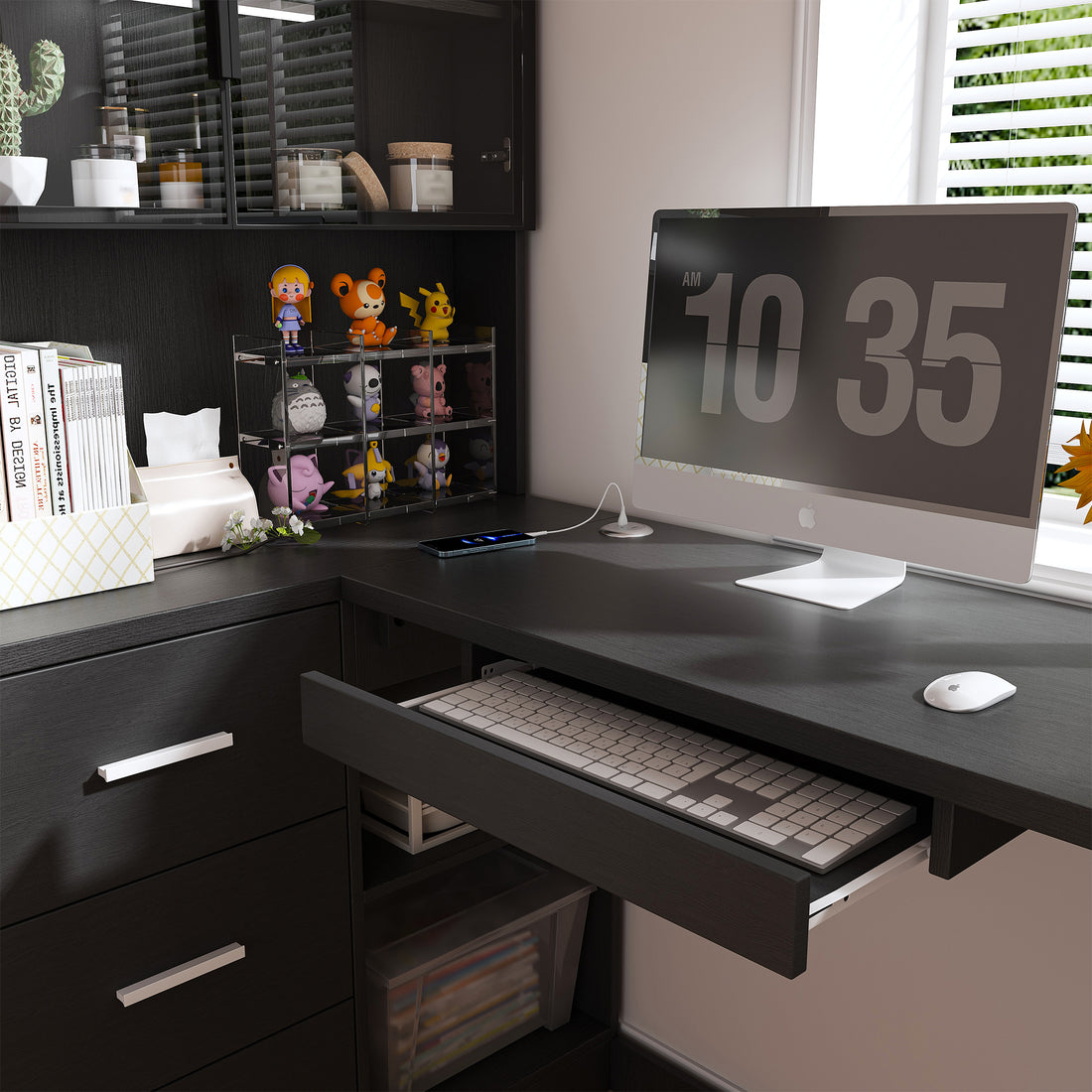 Nord black computer desk showing pull-out keyboard tray detail